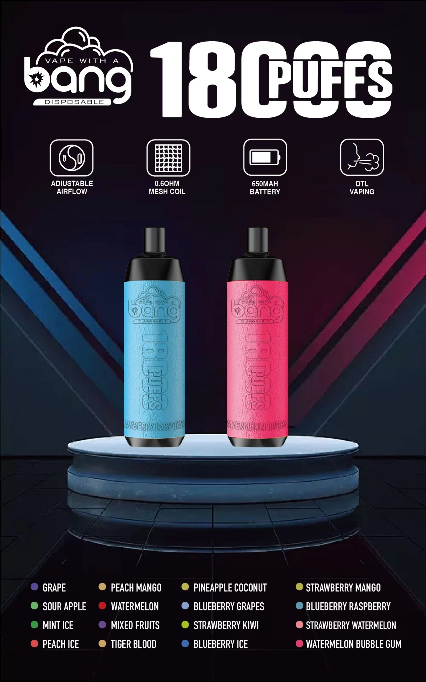 Original Bang 18000 puffs Disposable Vape Mesh Coil Shisha Bar Style Detachable E Cigarette Adjustable Airflow Pod Device puff 18k vaper vs Al Fakher Big Cloud-Ecloudvaping