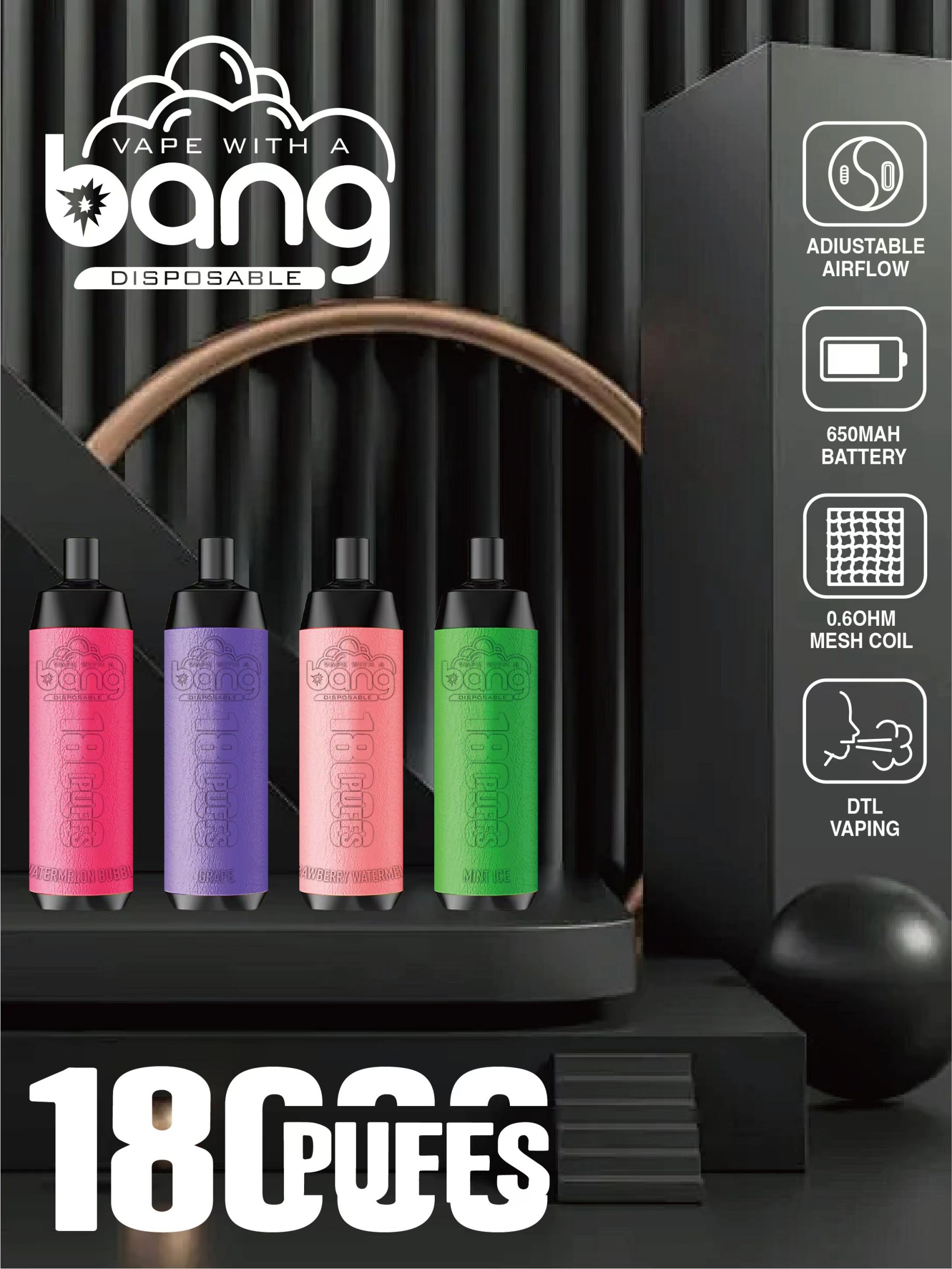 Original Bang 18000 puffs Disposable Vape Mesh Coil Shisha Bar Style Detachable E Cigarette Adjustable Airflow Pod Device puff 18k vaper vs Al Fakher Big Cloud-Ecloudvaping