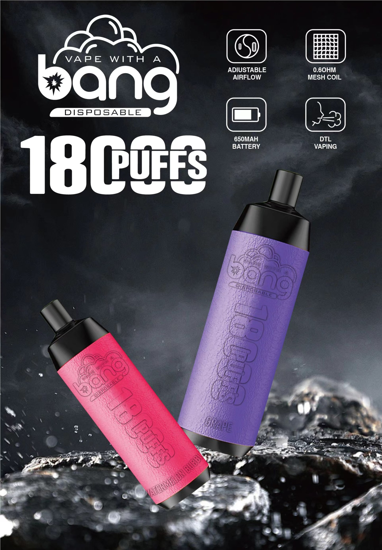 Original Bang 18000 puffs Disposable Vape Mesh Coil Shisha Bar Style Detachable E Cigarette Adjustable Airflow Pod Device puff 18k vaper vs Al Fakher Big Cloud-Ecloudvaping