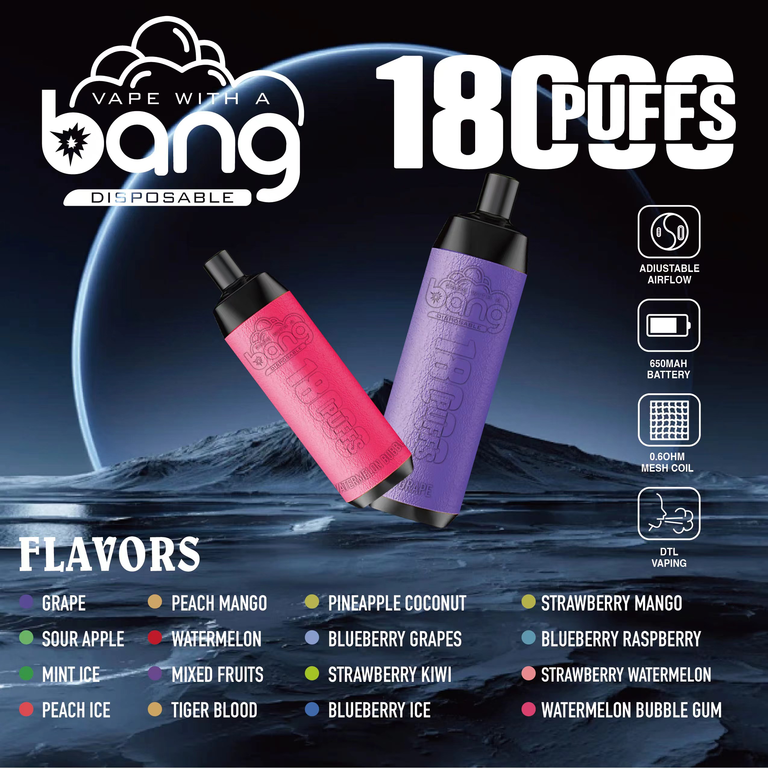 Original Bang 18000 puffs Disposable Vape Mesh Coil Shisha Bar Style Detachable E Cigarette Adjustable Airflow Pod Device puff 18k vaper vs Al Fakher Big Cloud-Ecloudvaping