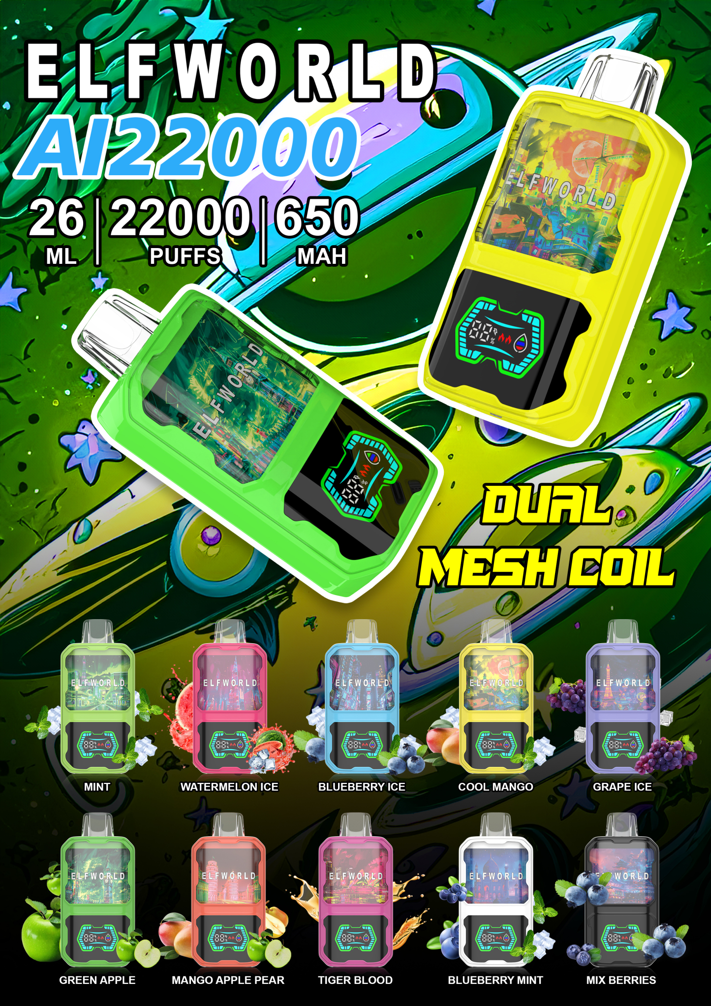 Original Elfworld Ai22000 Puff 26ml E Liquid 650mAh Dual Mesh Coil Geek Price Bar Bang Vape 20000 Puffs E Cigarette 10 Flavors