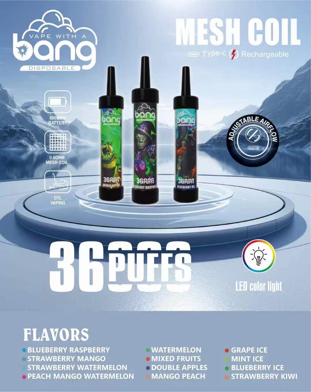 Original bang puff 36000 disposable vapes Rechargeable E Cigarettes Mesh Coil 40ML E-liquid puff 36k vaper 0%2%3%5% LED color light vaper vs 20000 puff 36k puff 30k -Ecloudvaping