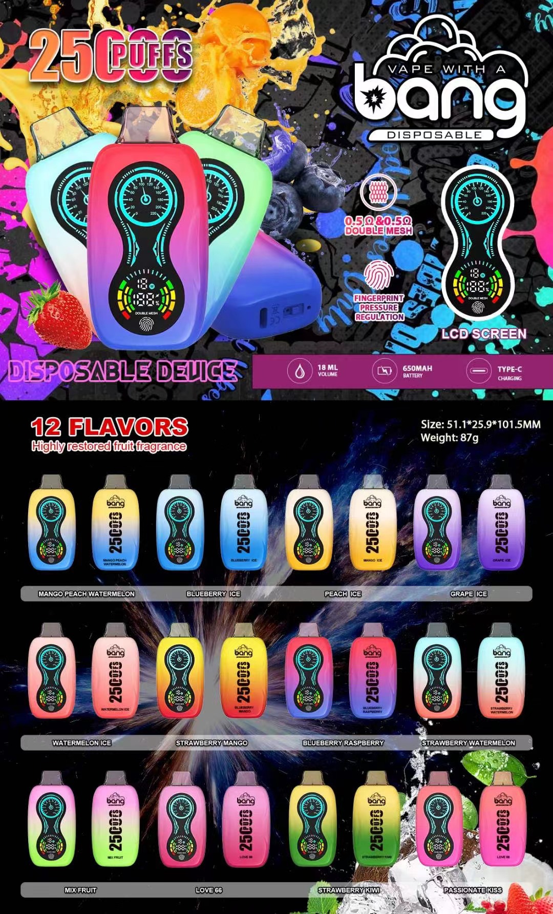 Original Bang 25000 25k 18ml Preloaded 650mAh Rechargeable Pen 0%2%3%5% disposable Intelligent display New arrival-Ecloudvaping