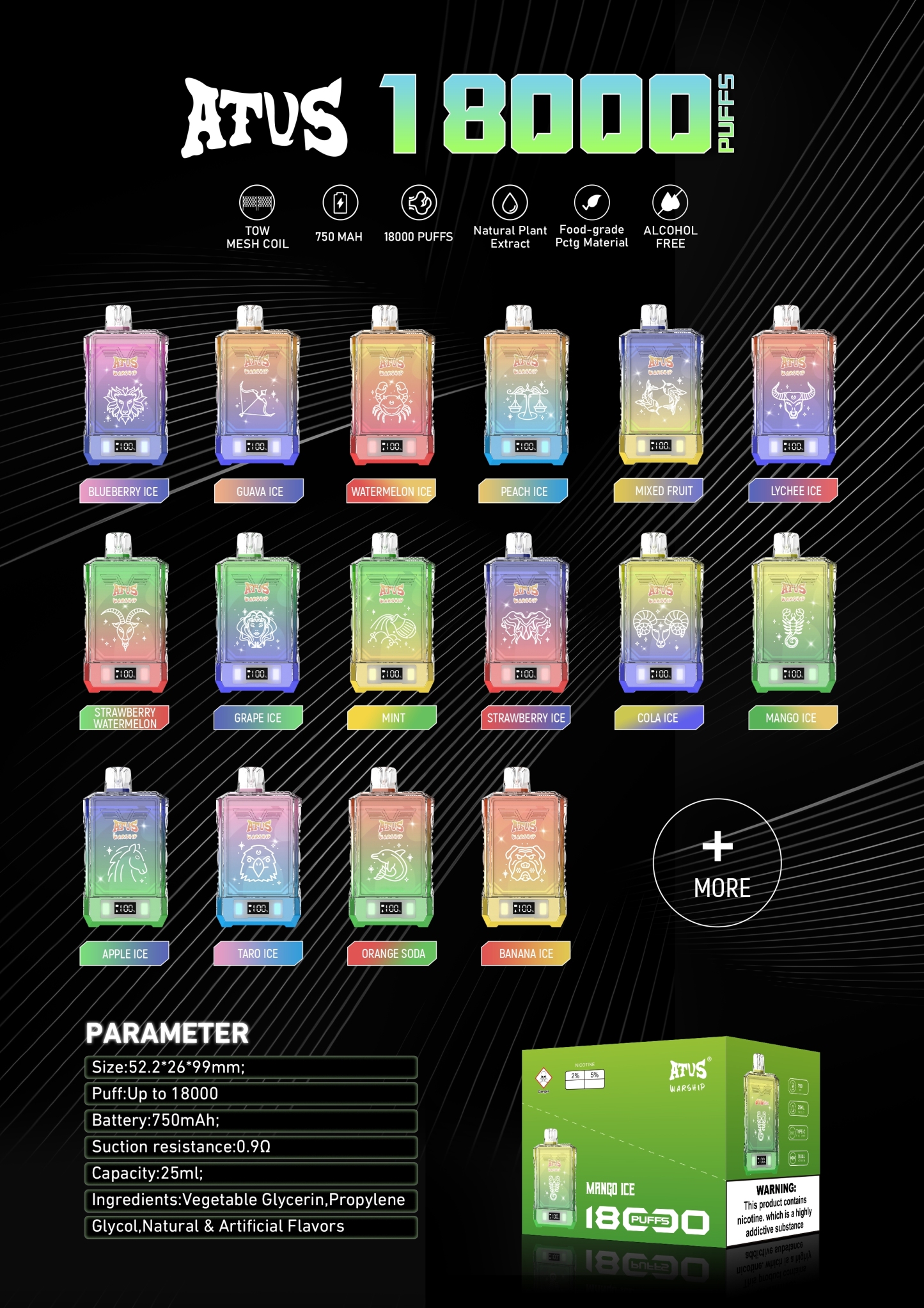 Original Atvs 18000 Puffs  18k Smart Screen Vape Disposable Electronic Cigarettes Digital Display Puff 20k 0% 2% 3% 5% 25ml Prefilled Pod Dual Mesh 750mah Rechargeable Battery Pen-Ecloudvaping