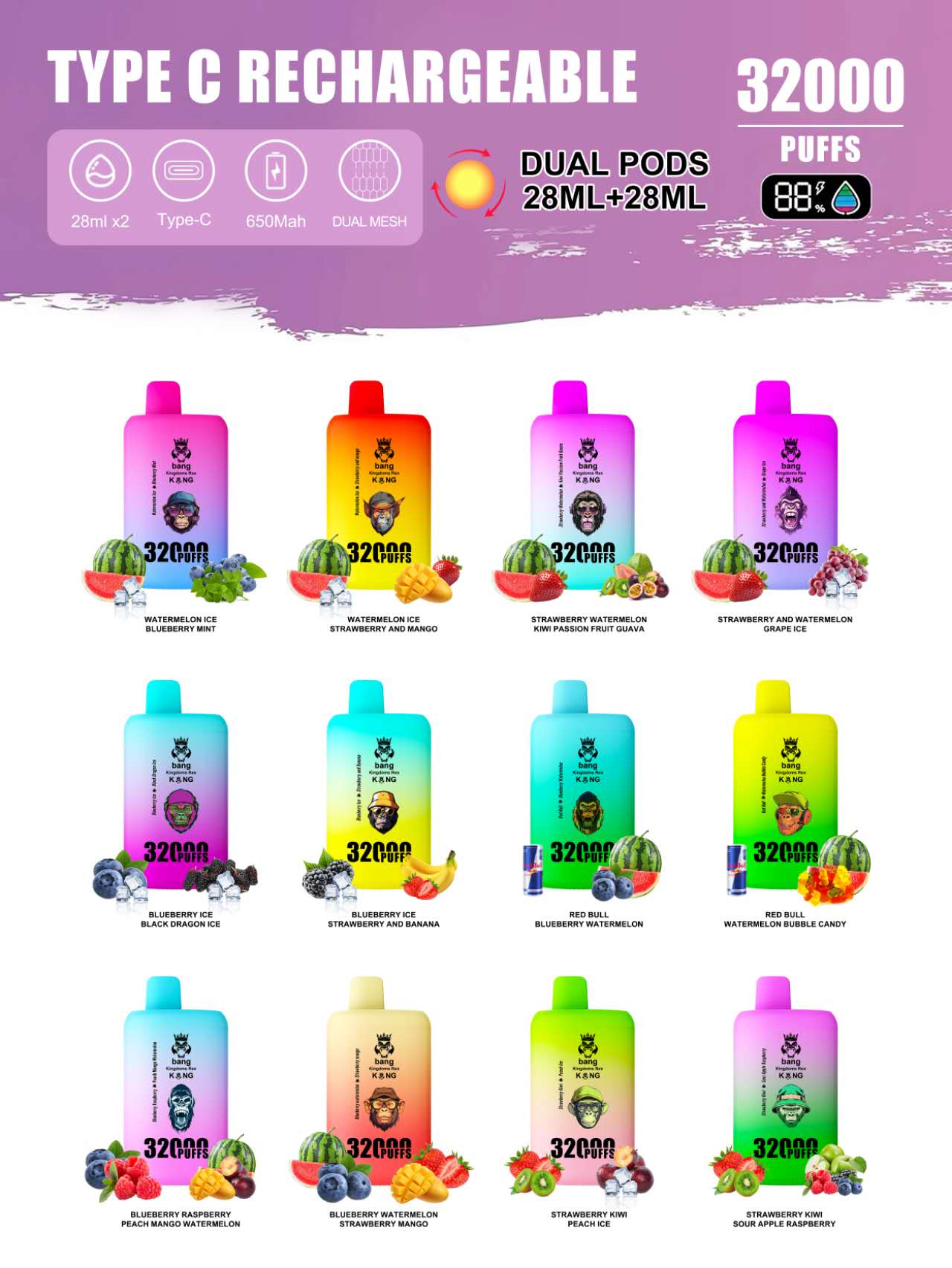 Bang King 32000 Puff Dual Pods Dual Mesh Double Flavors Pods Disposable empty mini Electronic Cigarette 