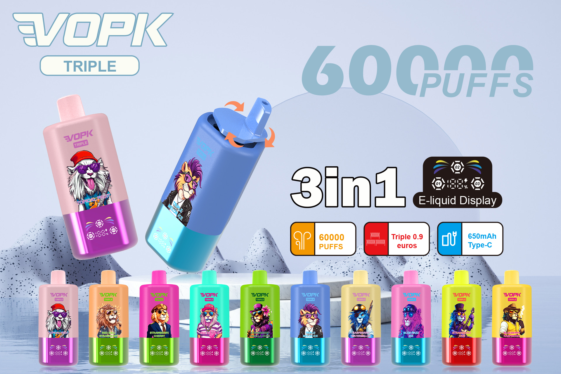 Vopk Triple 60000 Puffs Disposable Vape Factory Supply & Best Price 3in1 Flavors Electronic Cigarette Wholesale 3flavors Vape Pen