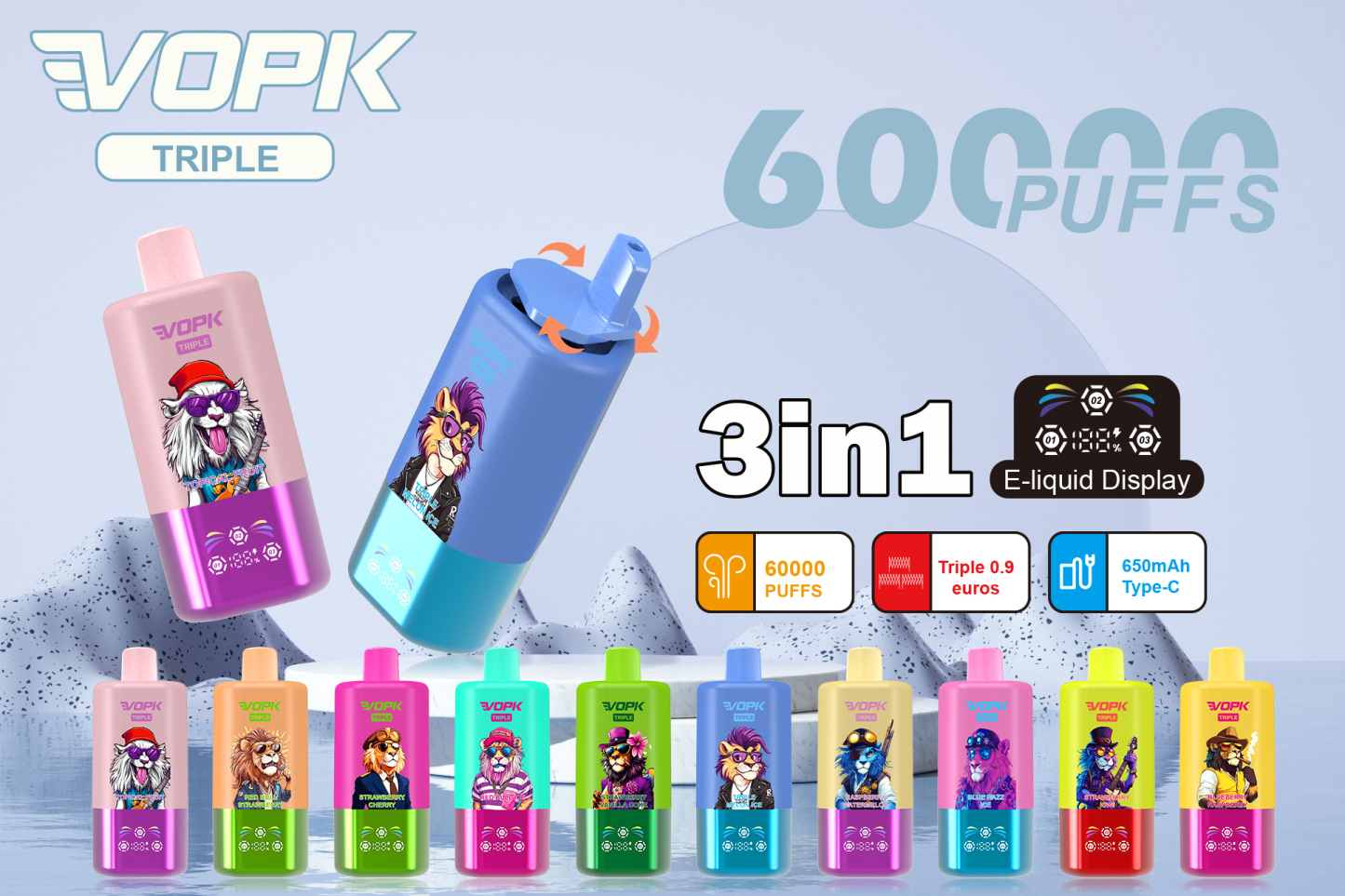 Vopk Triple 60000 Puffs Disposable Vape Factory Supply & Best Price 3in1 Flavors Electronic Cigarette Wholesale 3flavors Vape Pen