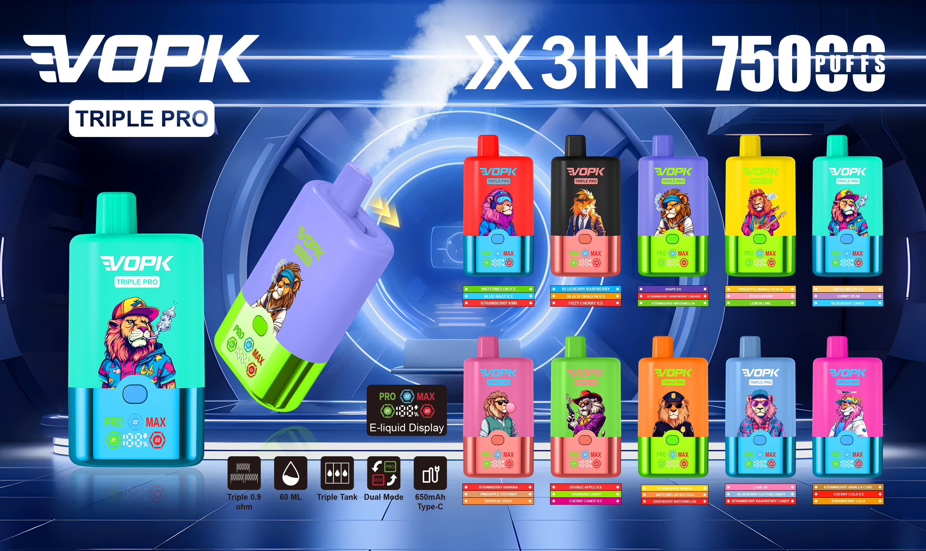 Vopk 75000 Puffs Vape with LED E-Liquid Display Grape Ice · Strawberry Watermelon Cherry