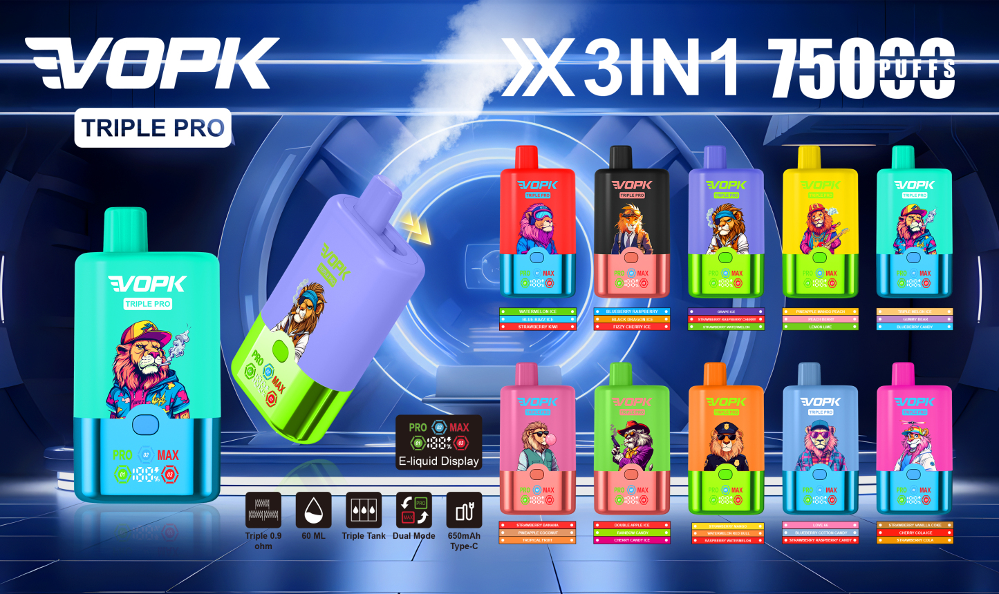 Vopk 75000 Puffs Vape with LED E-Liquid Display Grape Ice · Strawberry Watermelon Cherry