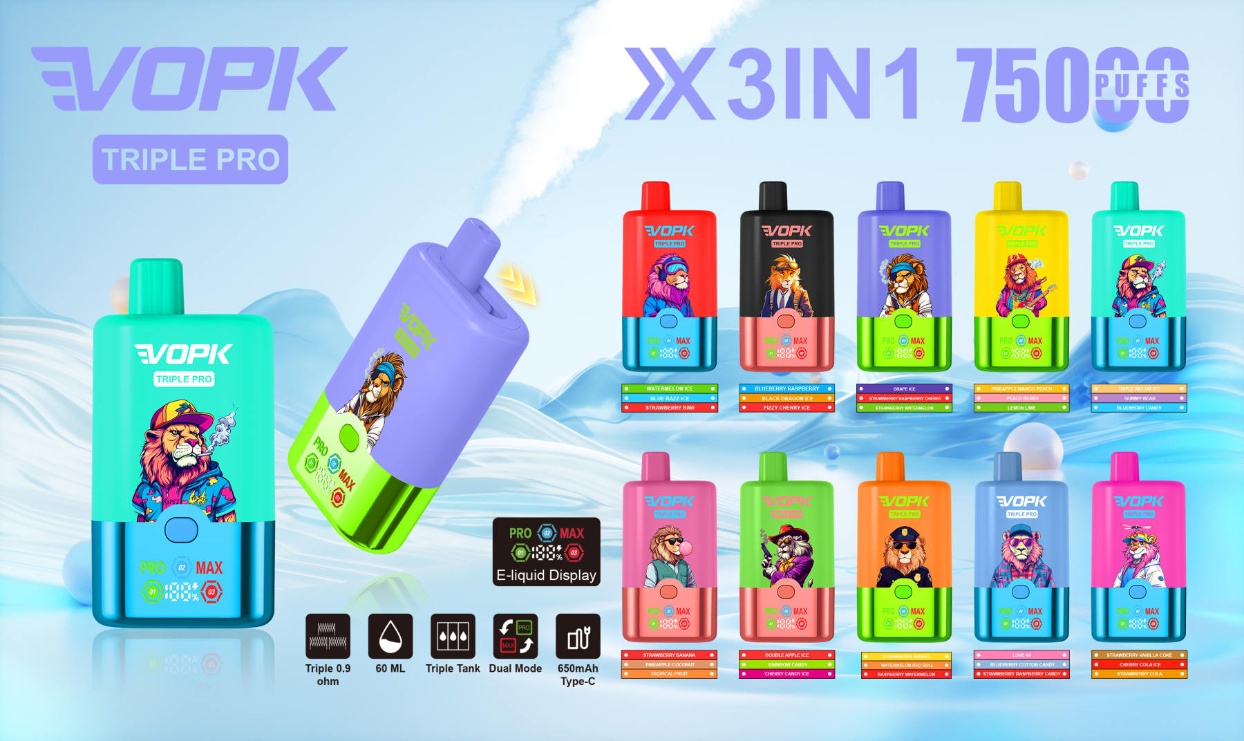 Vopk 75000 Puffs Vape with LED E-Liquid Display Grape Ice · Strawberry Watermelon Cherry