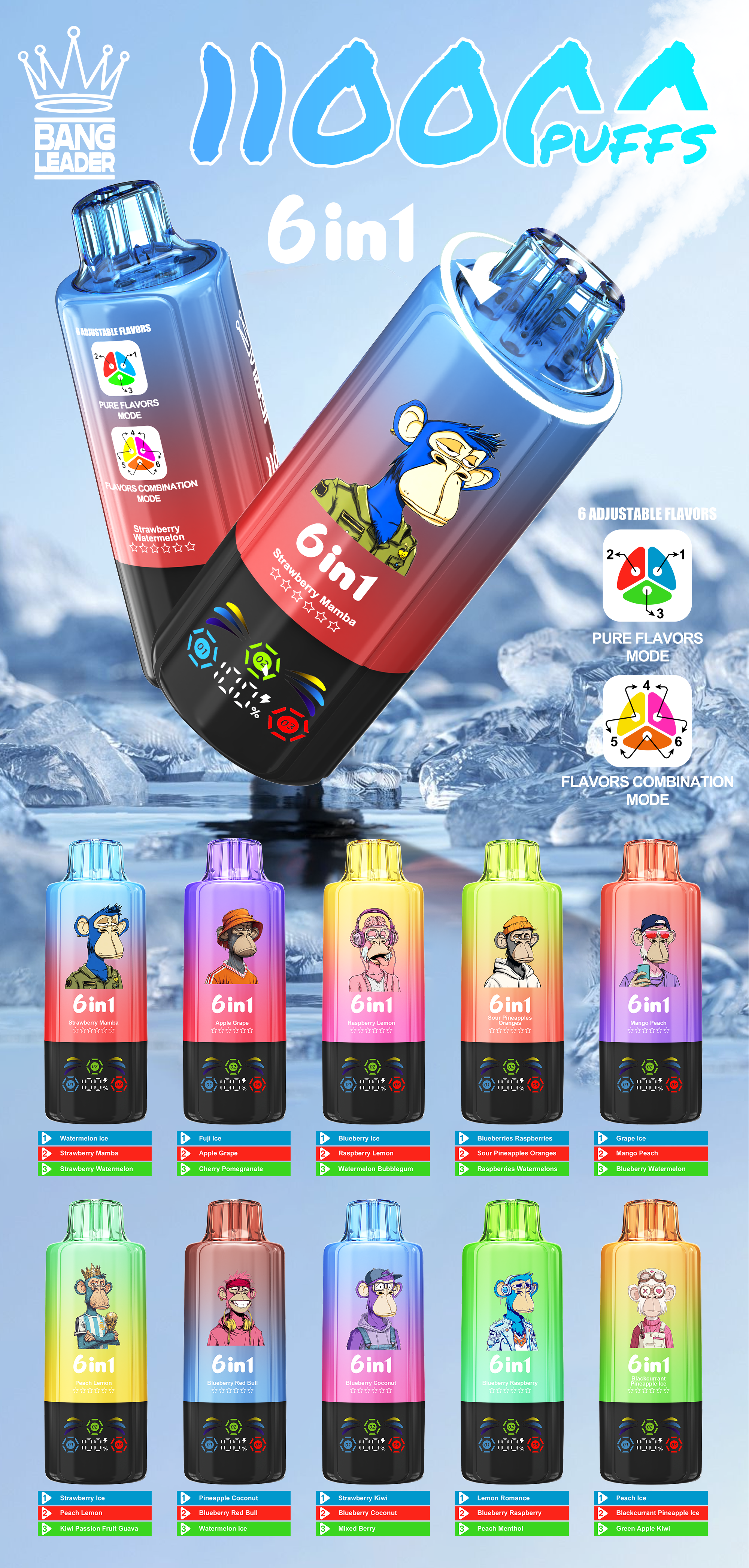  Bang Leader 110000 Puff Triple Flavors 6 in 1 Vape 50K 60K 85K 100K Puff Disposable Vape