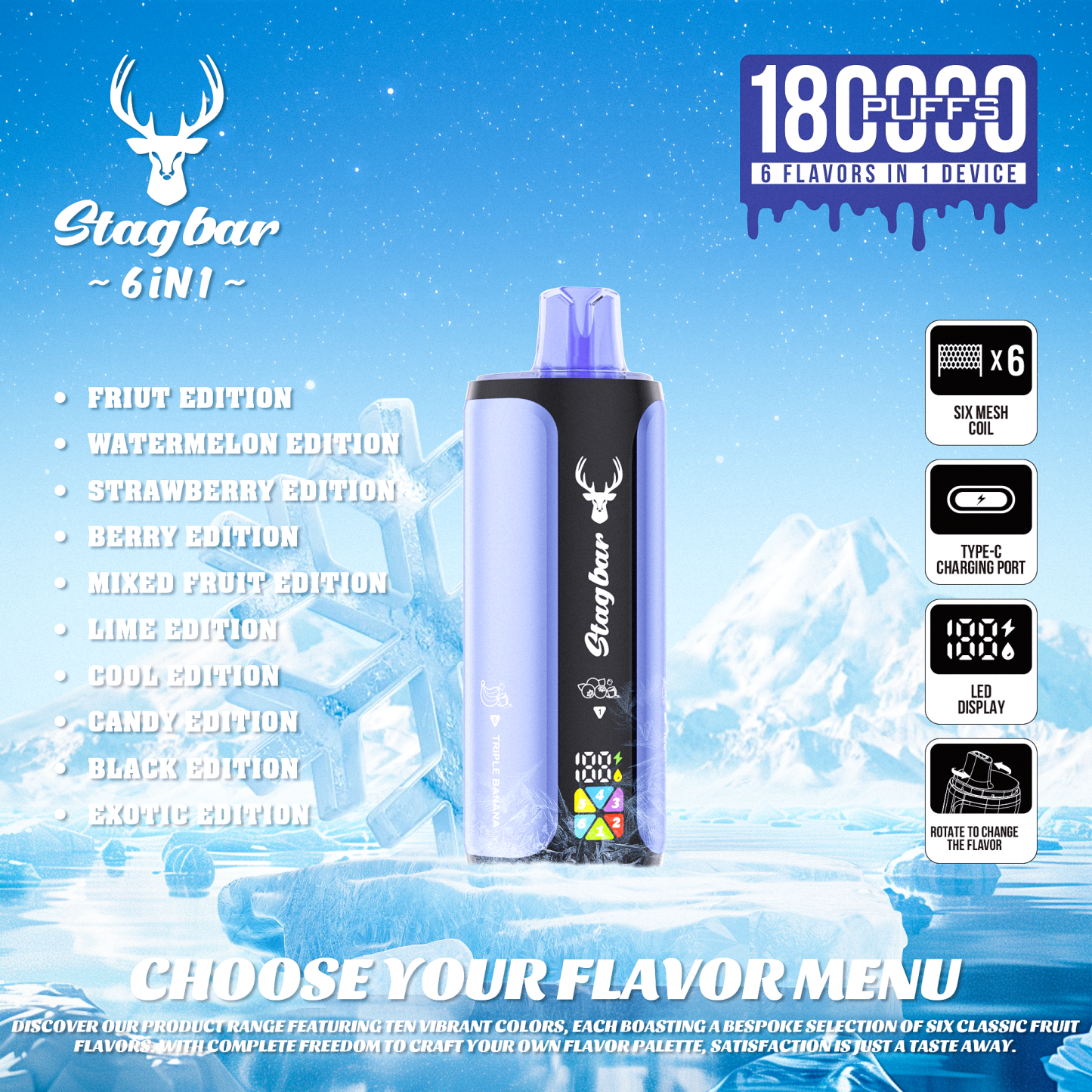 Stag Bar 6in1 180K Puffs Disposable Vape Pod Vapers 100K 80K 75K 1200K Puffs Vaporizer E Hookah Vape Cartridge Pods Stagbar 6in1 180000 Puff