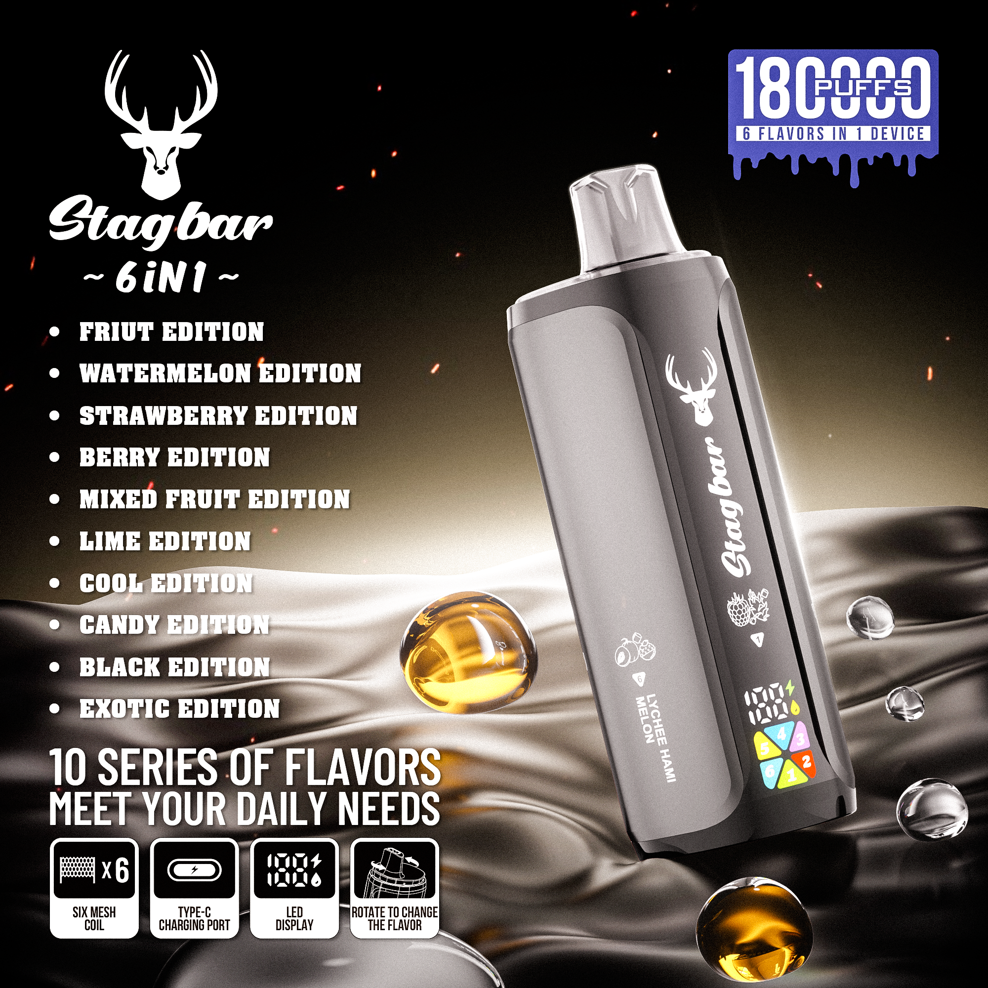 Stag Bar 6in1 180K Puffs Disposable Vape Pod Vapers 100K 80K 75K 1200K Puffs Vaporizer E Hookah Vape Cartridge Pods Stagbar 6in1 180000 Puff