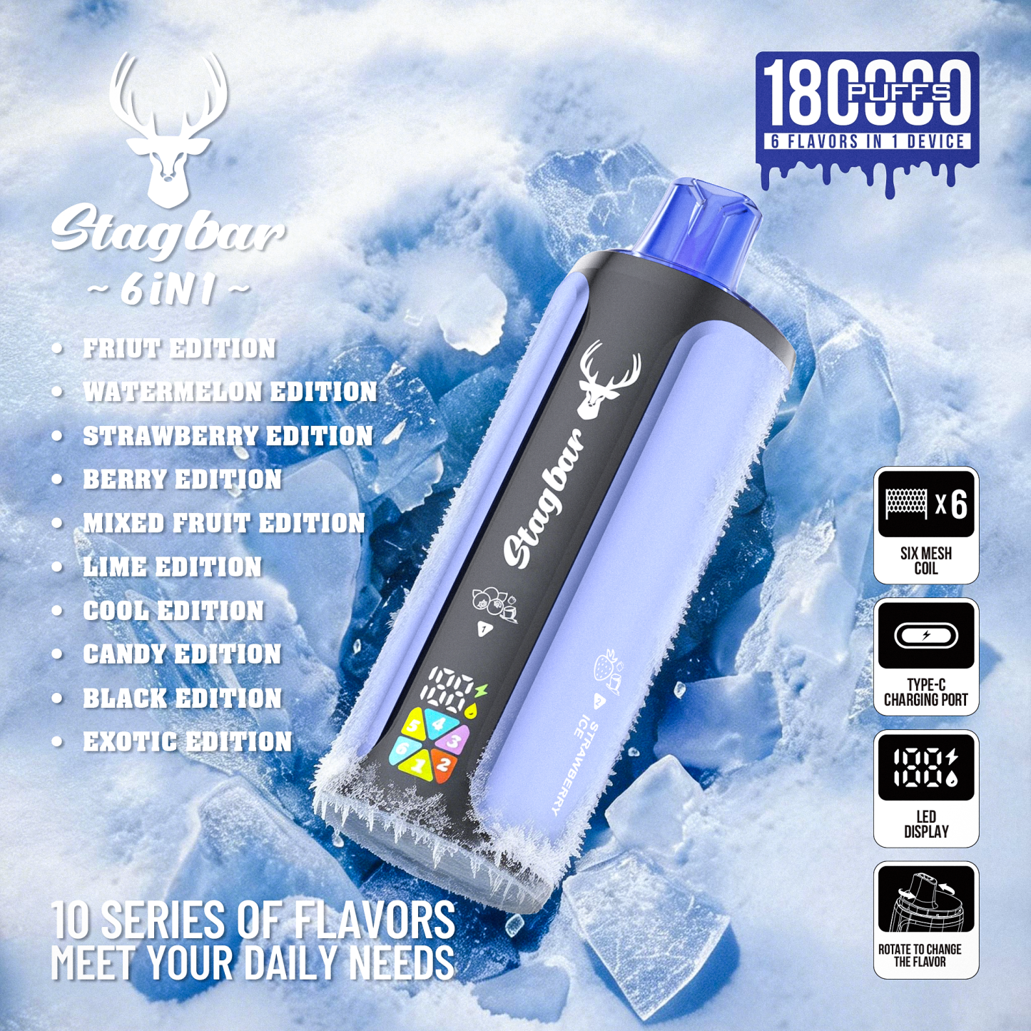 Stag Bar 6in1 180K Puffs Disposable Vape Pod Vapers 100K 80K 75K 1200K Puffs Vaporizer E Hookah Vape Cartridge Pods Stagbar 6in1 180000 Puff