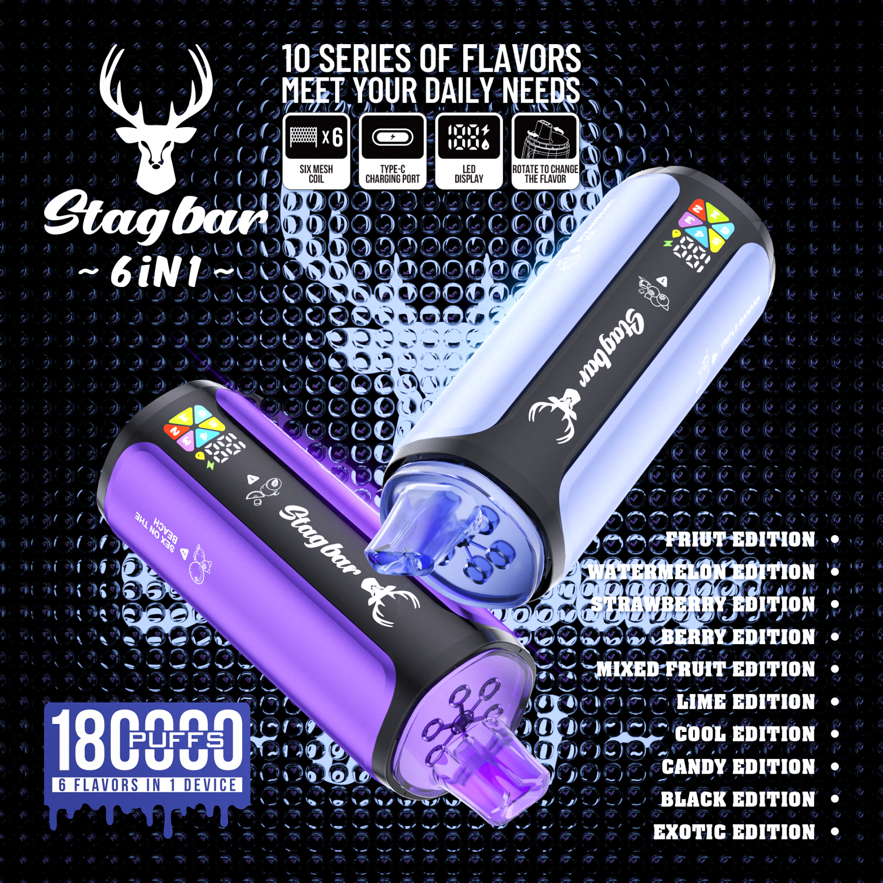 Stag Bar 6in1 180K Puffs Disposable Vape Pod Vapers 100K 80K 75K 1200K Puffs Vaporizer E Hookah Vape Cartridge Pods Stagbar 6in1 180000 Puff