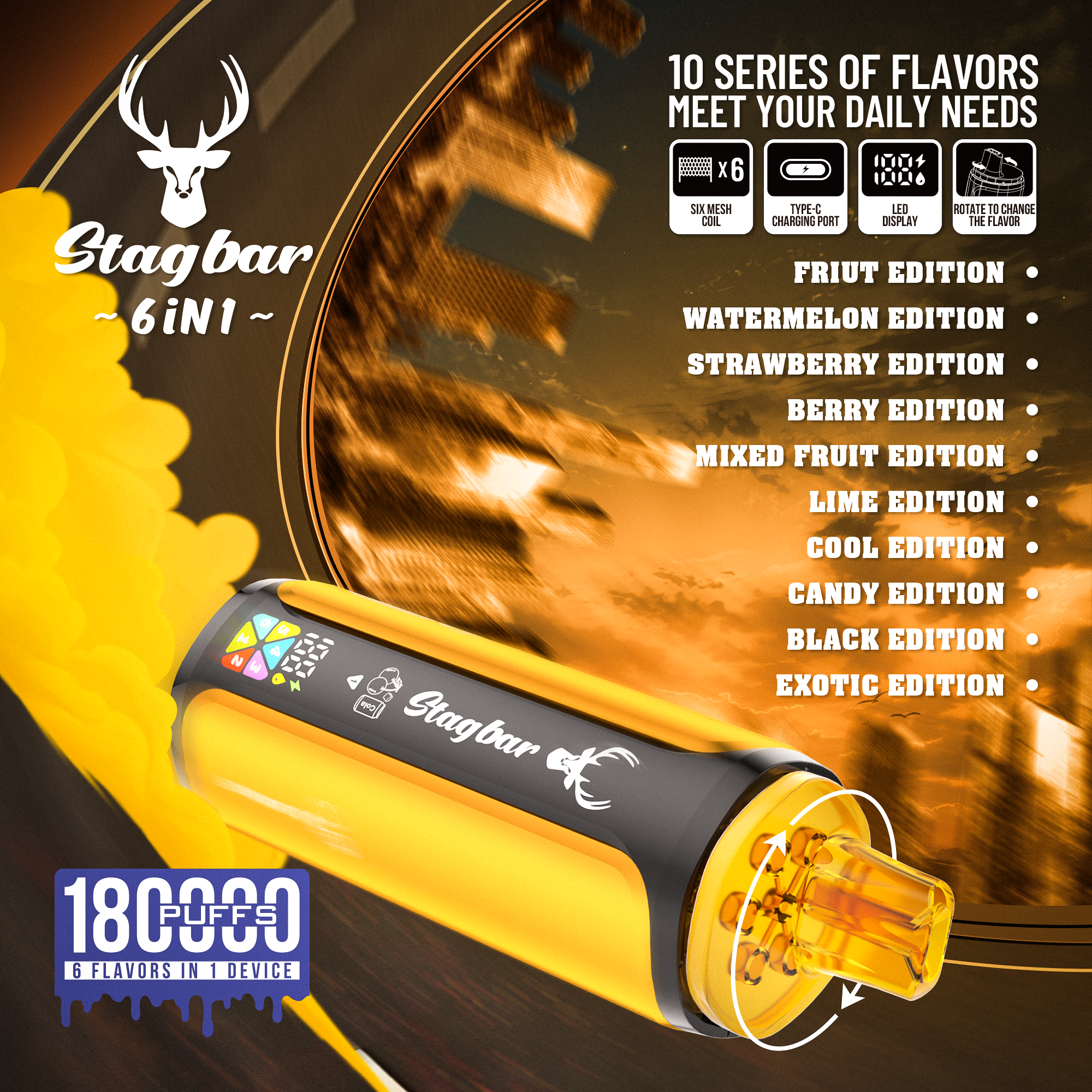 Stag Bar 6in1 180K Puffs Disposable Vape Pod Vapers 100K 80K 75K 1200K Puffs Vaporizer E Hookah Vape Cartridge Pods Stagbar 6in1 180000 Puff