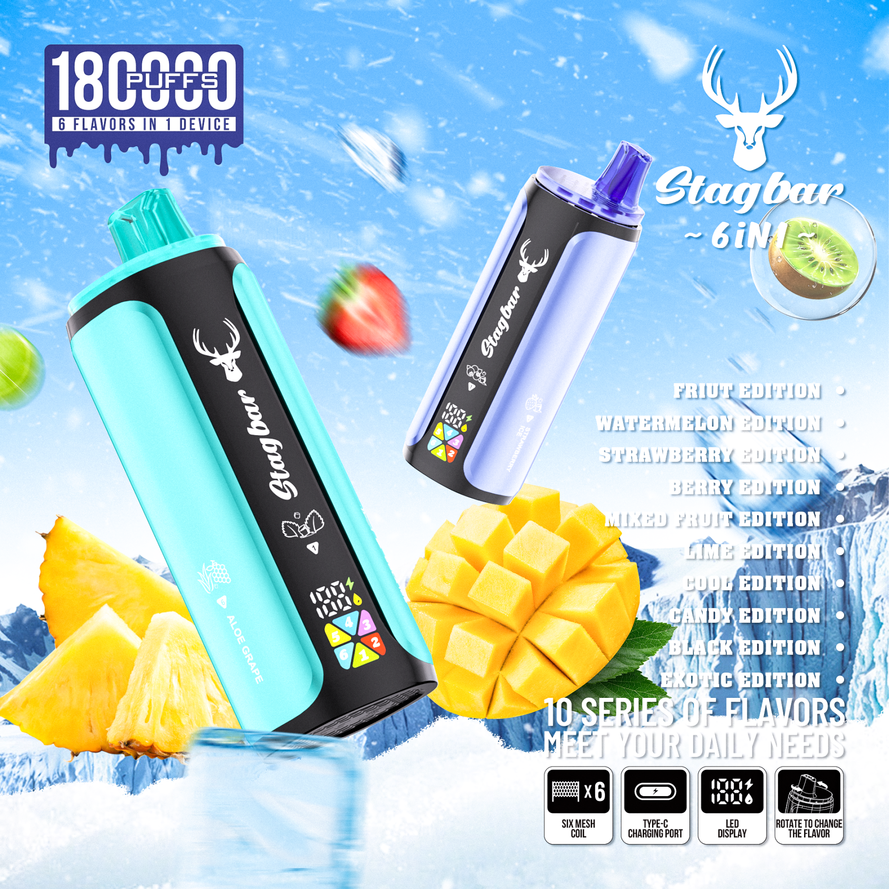 Stag Bar 6in1 180K Puffs Disposable Vape Pod Vapers 100K 80K 75K 1200K Puffs Vaporizer E Hookah Vape Cartridge Pods Stagbar 6in1 180000 Puff