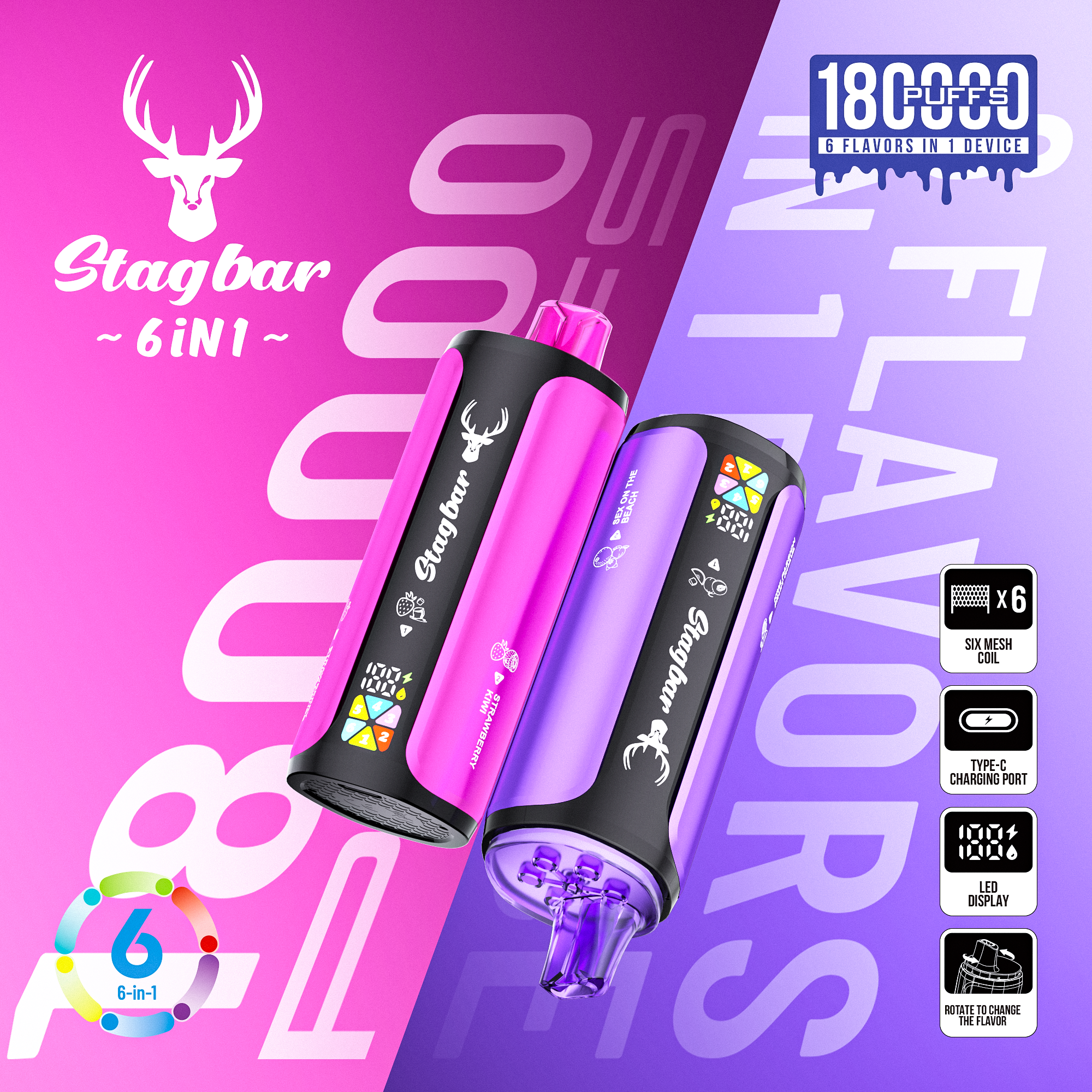 Stag Bar 6in1 180K Puffs Disposable Vape Pod Vapers 100K 80K 75K 1200K Puffs Vaporizer E Hookah Vape Cartridge Pods Stagbar 6in1 180000 Puff
