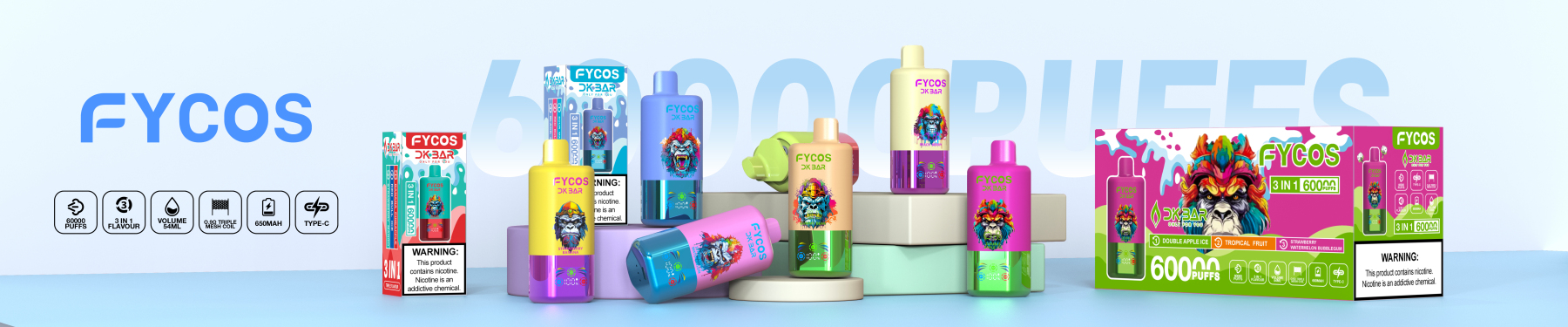 Fycos Disposable Electronic Cigarette Wholesale 3 in 1 60000 Puff Vape EU Warehouse Puff Tornado E Triple Flavor Adjust Airflow Ra Bar 60K Puff Ecigs