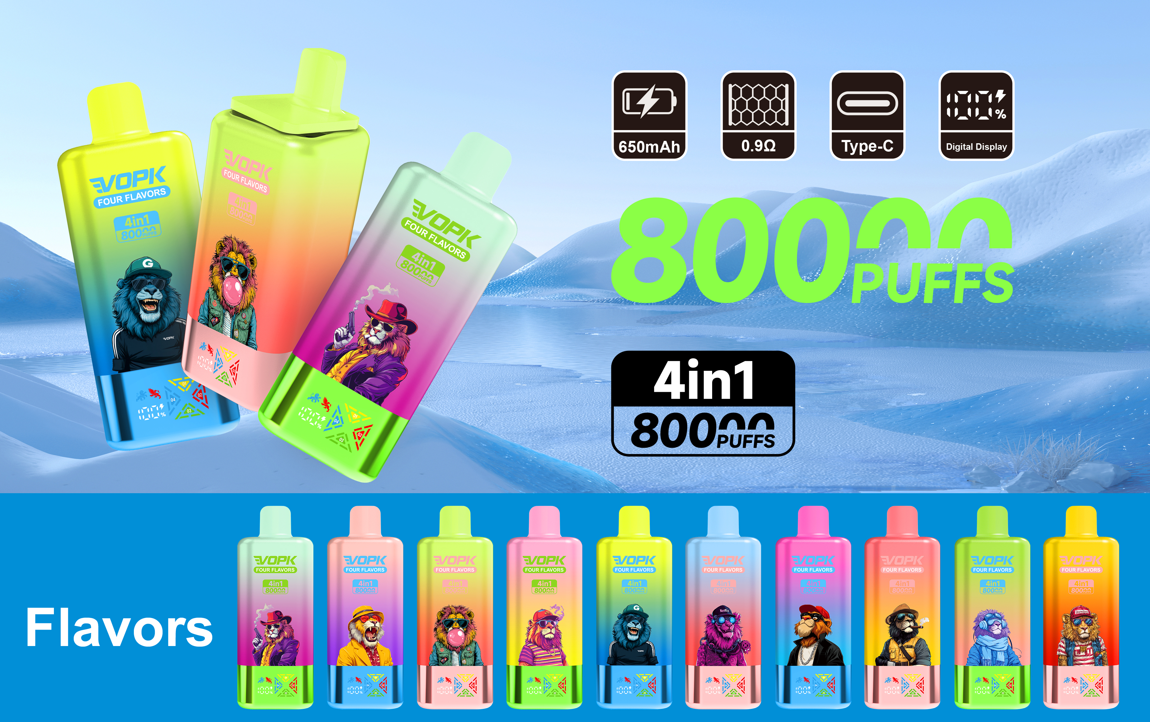 Vopk 80000 Puffs 4 in 1 Flavors Wholesale Vape Pen 80K 75K 60K 50K Disposable E-Cigarette