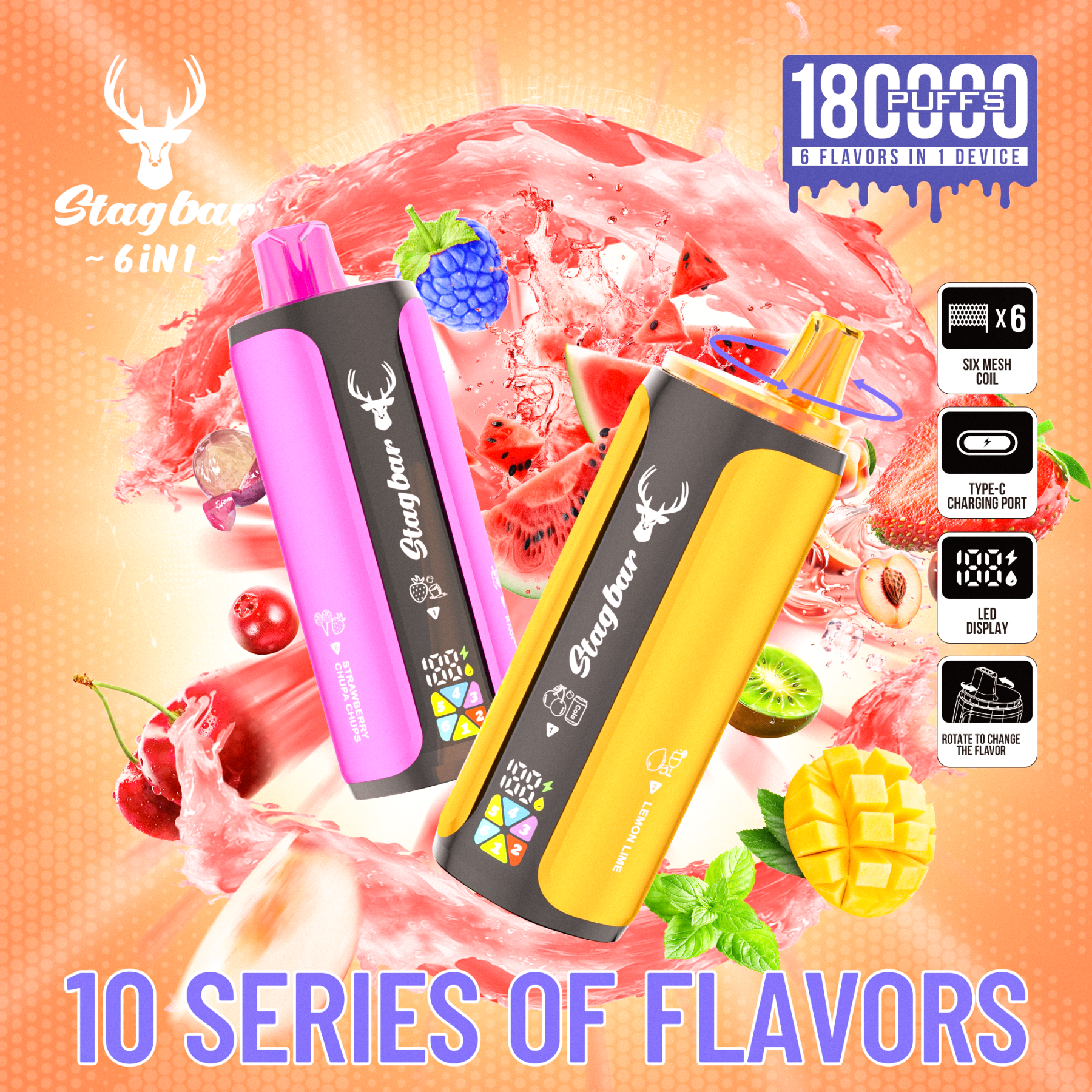 Stag Bar 6in1 180K Puffs Disposable Vape Pod Vapers 100K 80K 75K 1200K Puffs Vaporizer E Hookah Vape Cartridge Pods Stagbar 6in1 180000 Puff