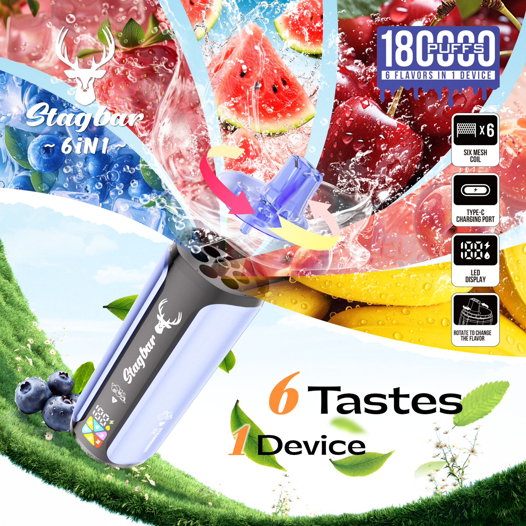 Stag Bar 6in1 180K Puffs Disposable Vape Pod Vapers 100K 80K 75K 1200K Puffs Vaporizer E Hookah Vape Cartridge Pods Stagbar 6in1 180000 Puff