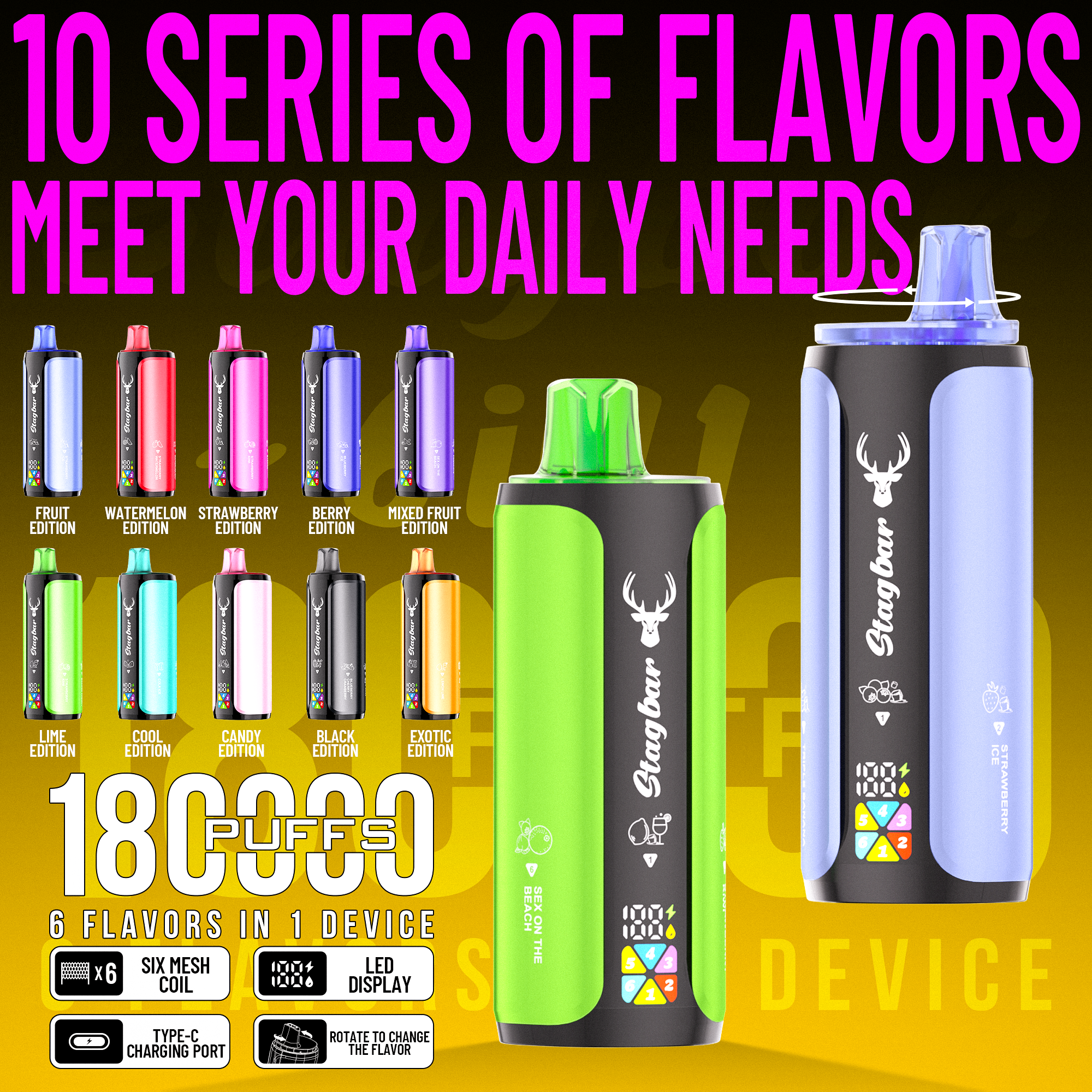 Stag Bar 6in1 180K Puffs Disposable Vape Pod Vapers 100K 80K 75K 1200K Puffs Vaporizer E Hookah Vape Cartridge Pods Stagbar 6in1 180000 Puff
