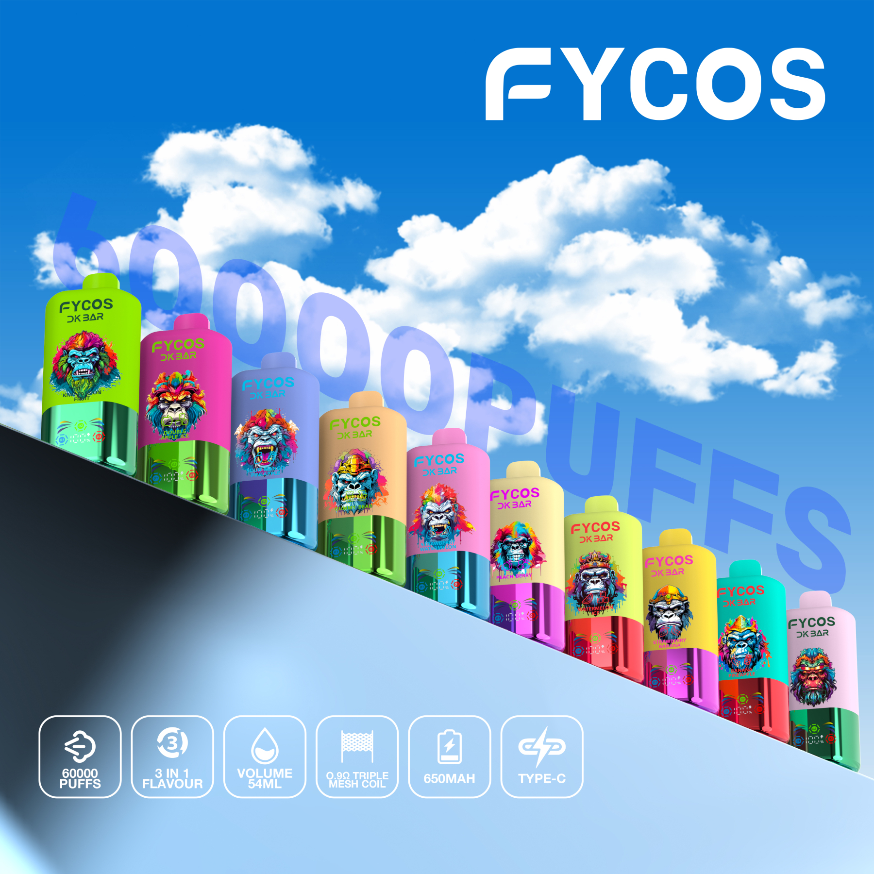 Fycos Disposable Electronic Cigarette Wholesale 3 in 1 60000 Puff Vape EU Warehouse Puff Tornado E Triple Flavor Adjust Airflow Ra Bar 60K Puff Ecigs