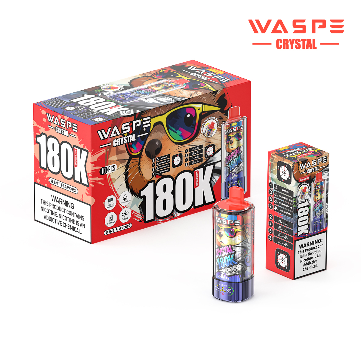 Wholesale I Vape Waspe Crystal 180000 150000 100000 60000 Puffs 8in1 Vaper Triple Flavors LED Display Disposable E-Cigarette 40K 60K 100K 150K 180K Puff