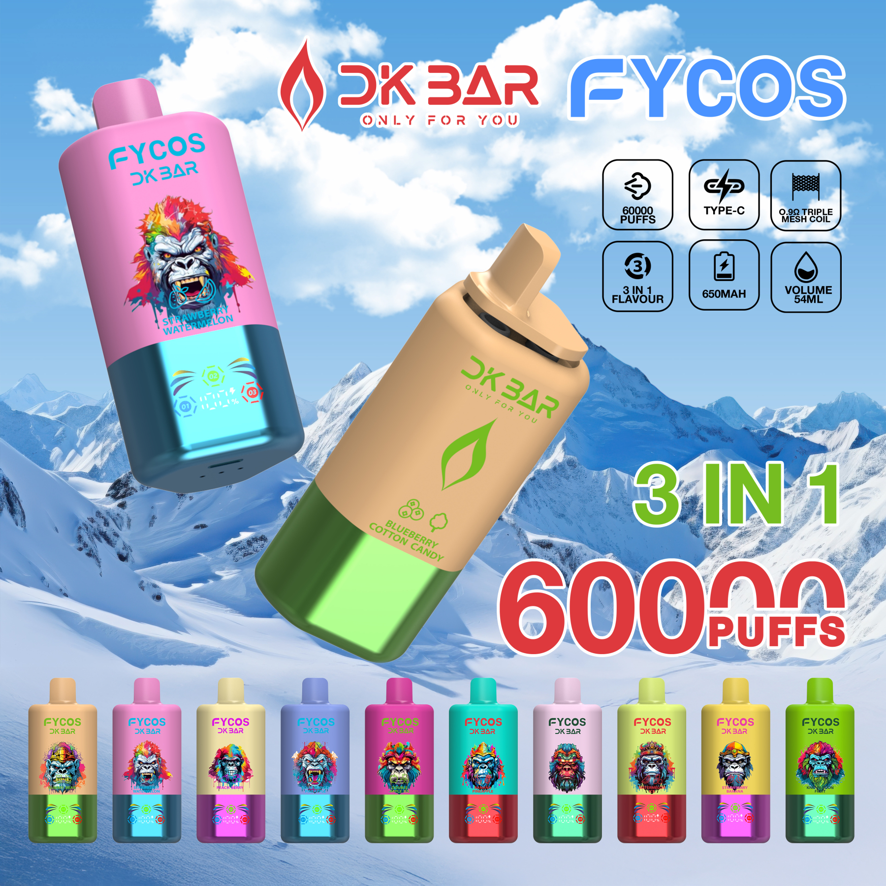 Fycos Disposable Electronic Cigarette Wholesale 3 in 1 60000 Puff Vape EU Warehouse Puff Tornado E Triple Flavor Adjust Airflow Ra Bar 60K Puff Ecigs
