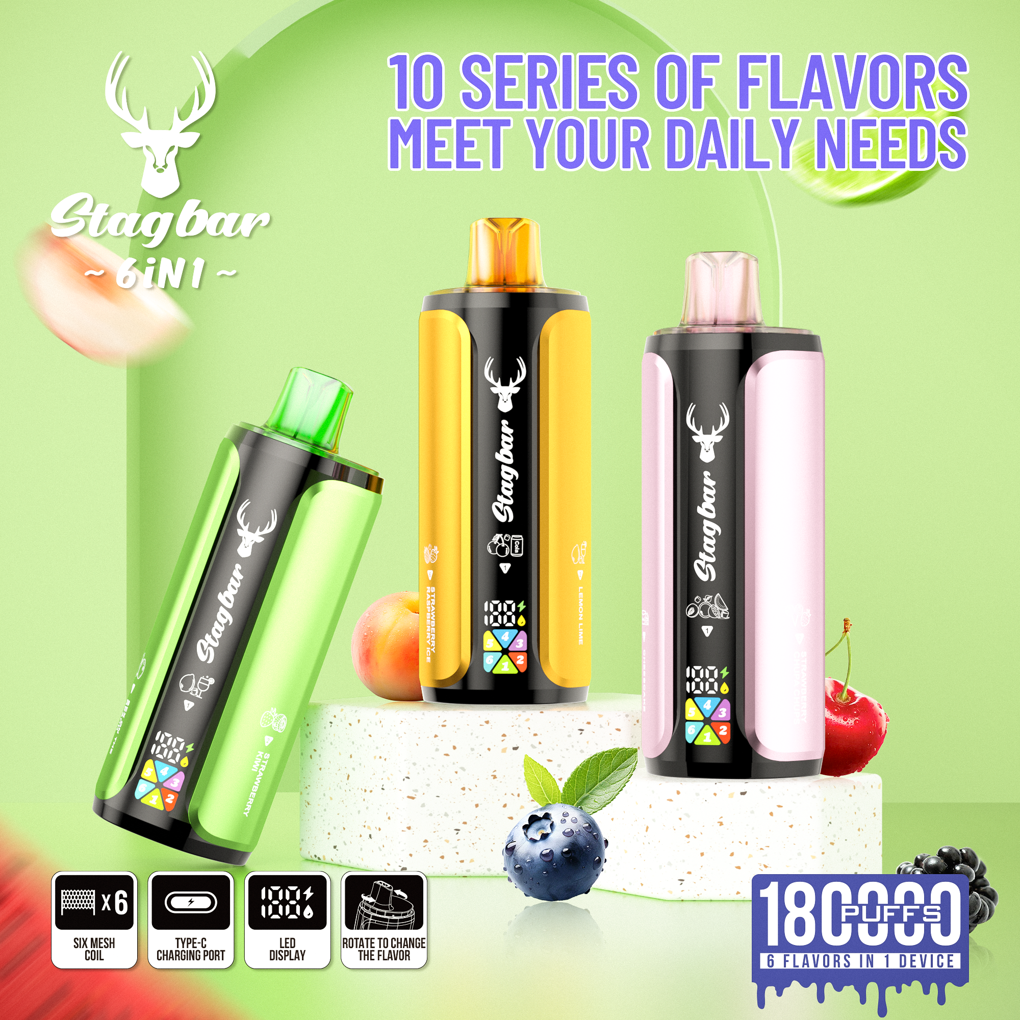 Stag Bar 6in1 180K Puffs Disposable Vape Pod Vapers 100K 80K 75K 1200K Puffs Vaporizer E Hookah Vape Cartridge Pods Stagbar 6in1 180000 Puff