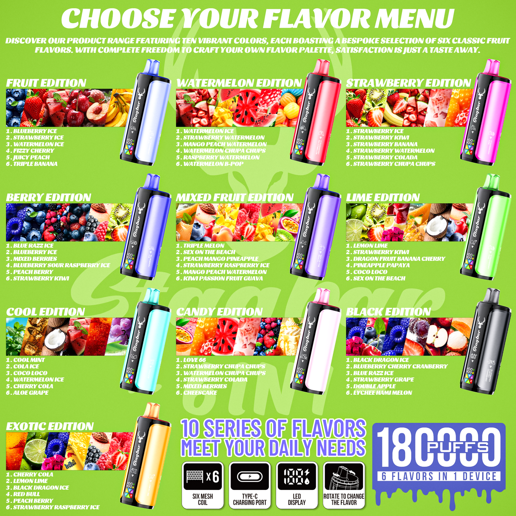 Stag Bar 6in1 180K Puffs Disposable Vape Pod Vapers 100K 80K 75K 1200K Puffs Vaporizer E Hookah Vape Cartridge Pods Stagbar 6in1 180000 Puff