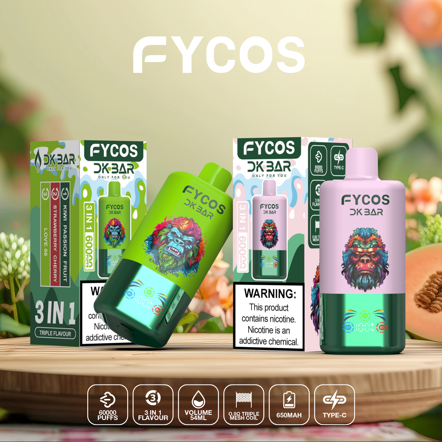 Fycos Disposable Electronic Cigarette Wholesale 3 in 1 60000 Puff Vape EU Warehouse Puff Tornado E Triple Flavor Adjust Airflow Ra Bar 60K Puff Ecigs