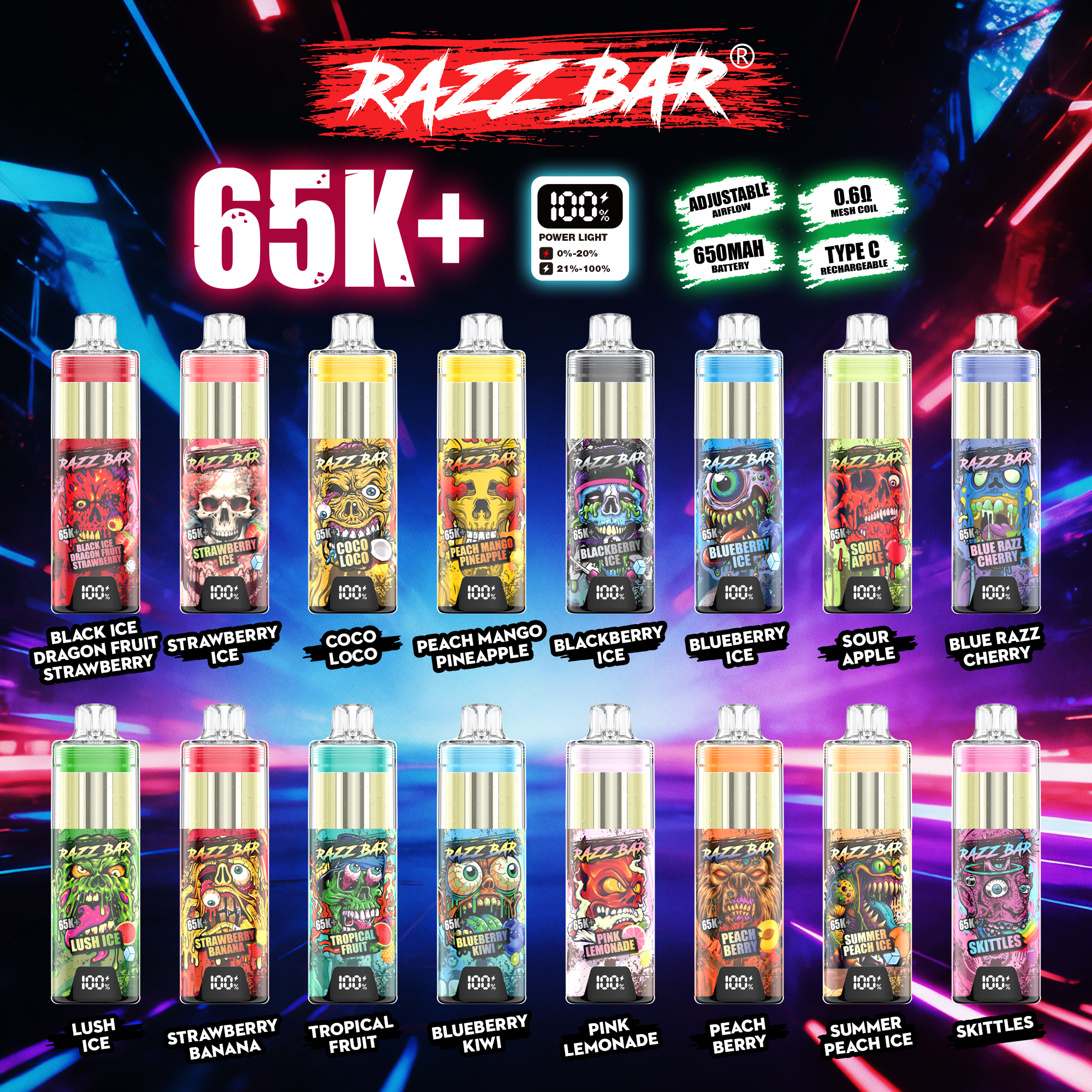 EU Wholesale Vape Pen E Cigarette Razz Bar 65k Puffs Vape Disposable E Cigarette Wape RazzBar Vaper