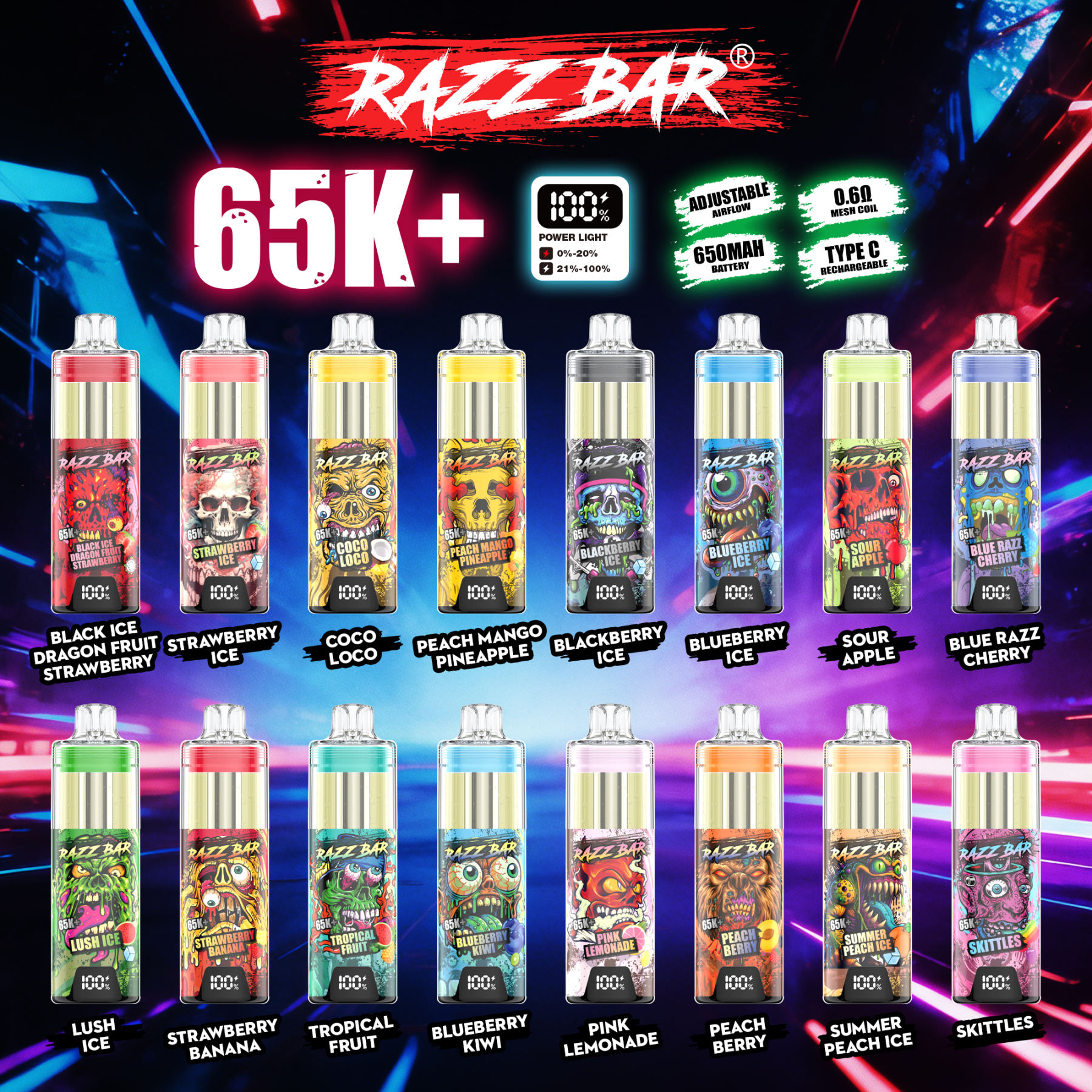 EU Wholesale Vape Pen E Cigarette Razz Bar 65k Puffs Vape Disposable E Cigarette Wape RazzBar Vaper