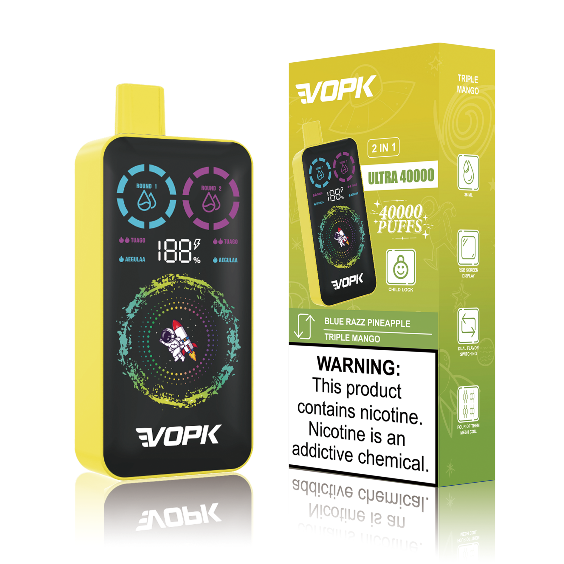 Vopk Ultra 40000 Puffs Full Screen Disposable Electronic Cigarette 2in1 Dual Flavors Vape Pen 40K Pocket Hookah Double Flavors