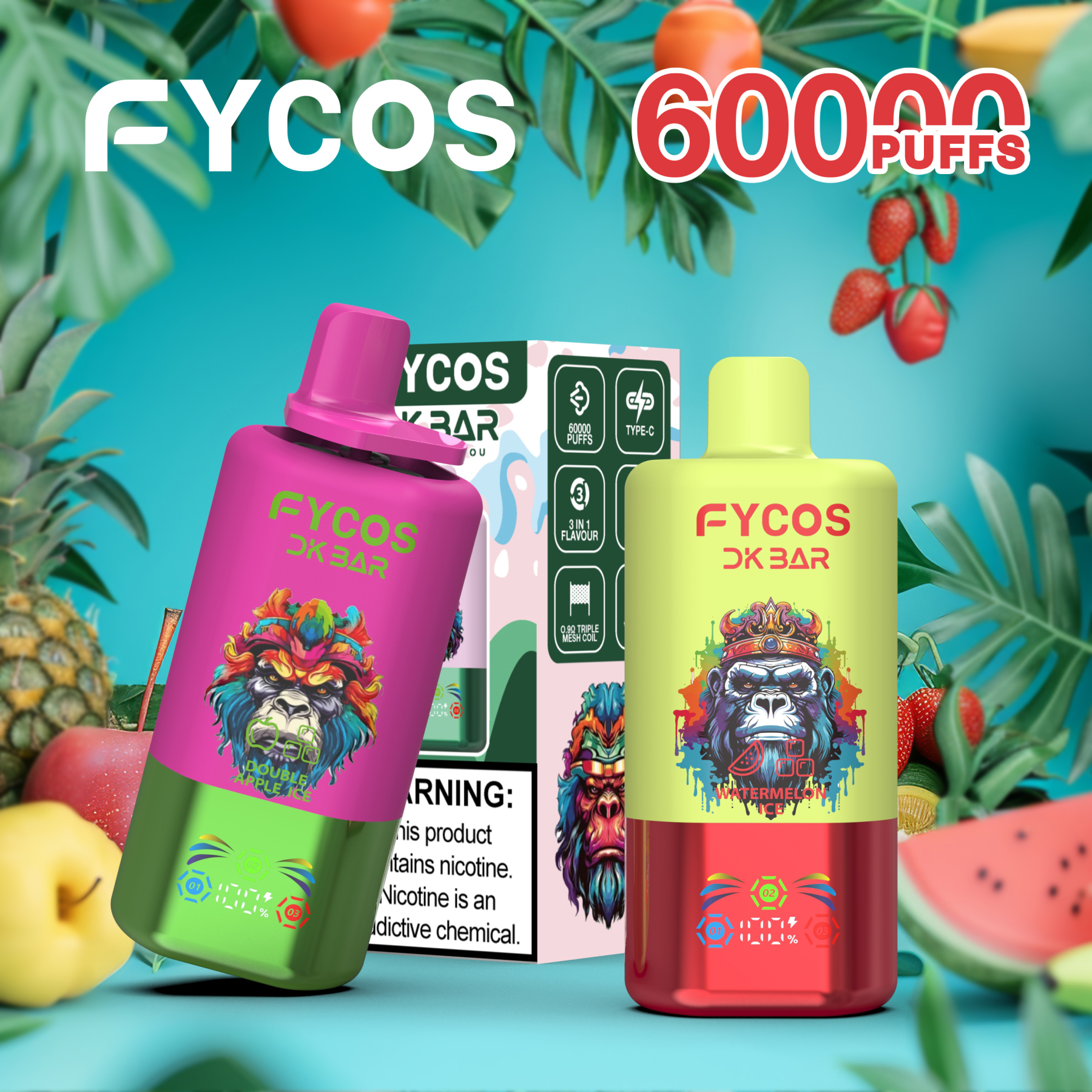 Fycos Disposable Electronic Cigarette Wholesale 3 in 1 60000 Puff Vape EU Warehouse Puff Tornado E Triple Flavor Adjust Airflow Ra Bar 60K Puff Ecigs
