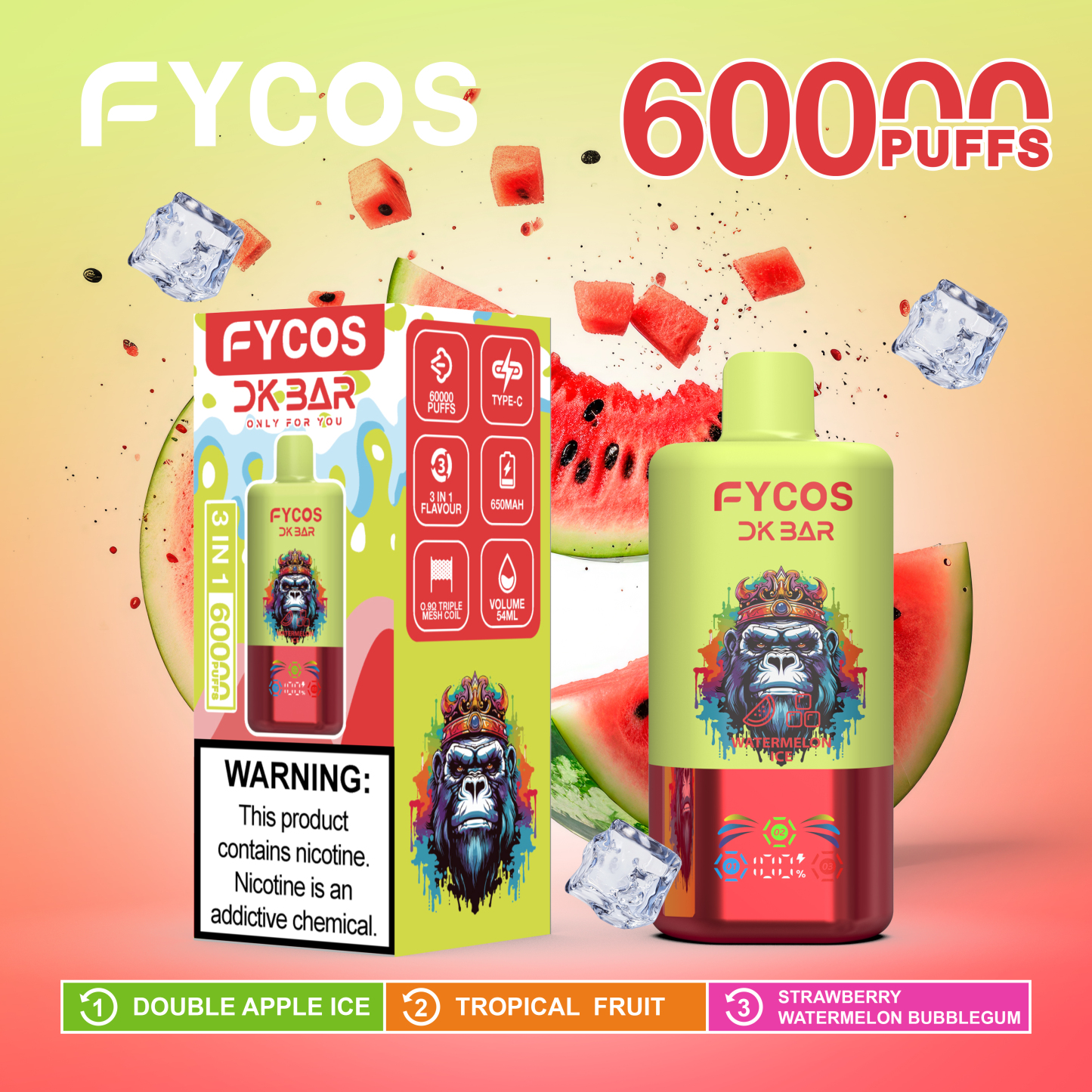 Fycos Disposable Electronic Cigarette Wholesale 3 in 1 60000 Puff Vape EU Warehouse Puff Tornado E Triple Flavor Adjust Airflow Ra Bar 60K Puff Ecigs