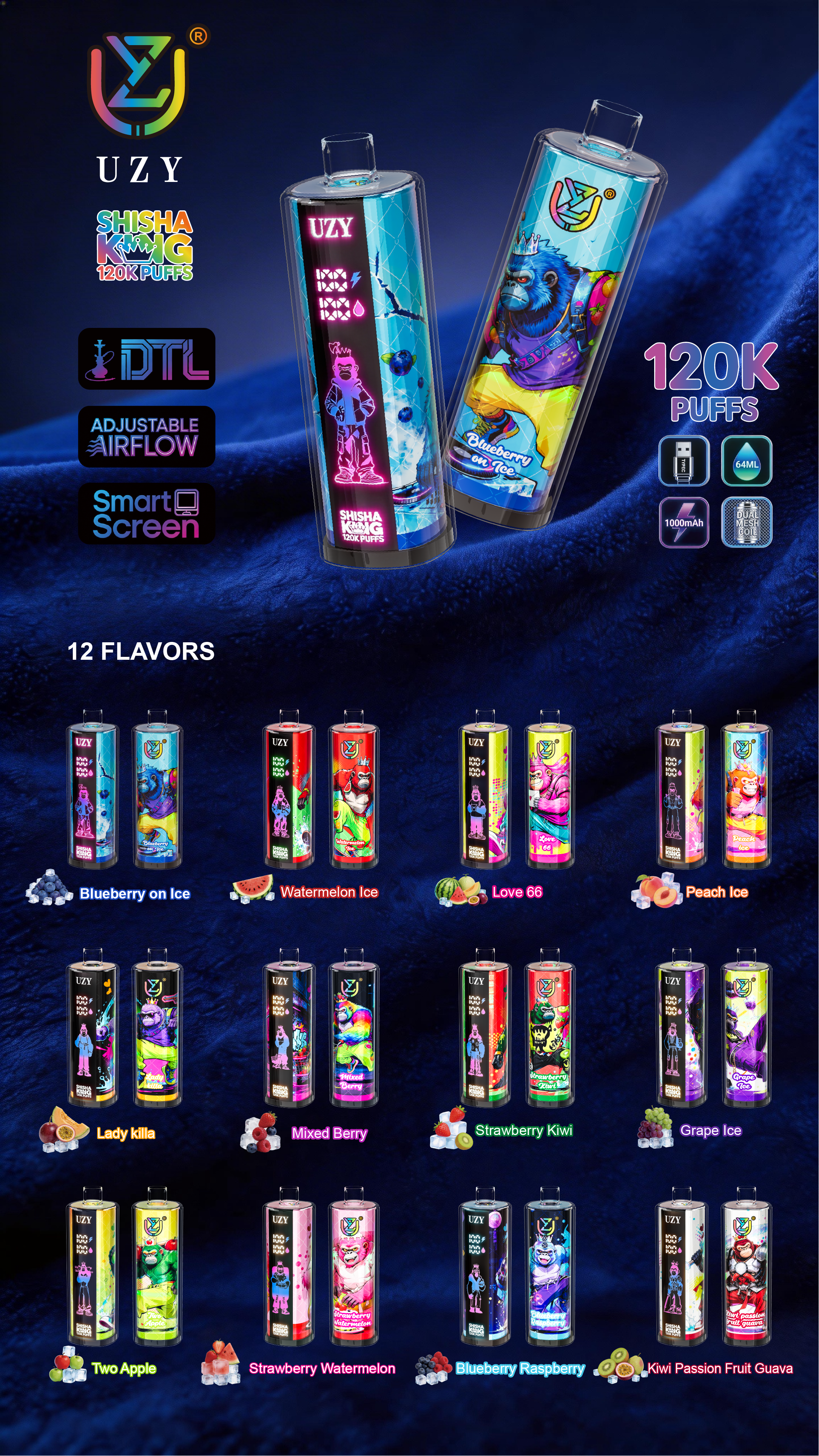 Uzy Vapers 120K 120000 Puffs EU Warehouse Disposable Shisha Hookah King100K 150K Fruit Flavors Distributor Mini E Cigarette
