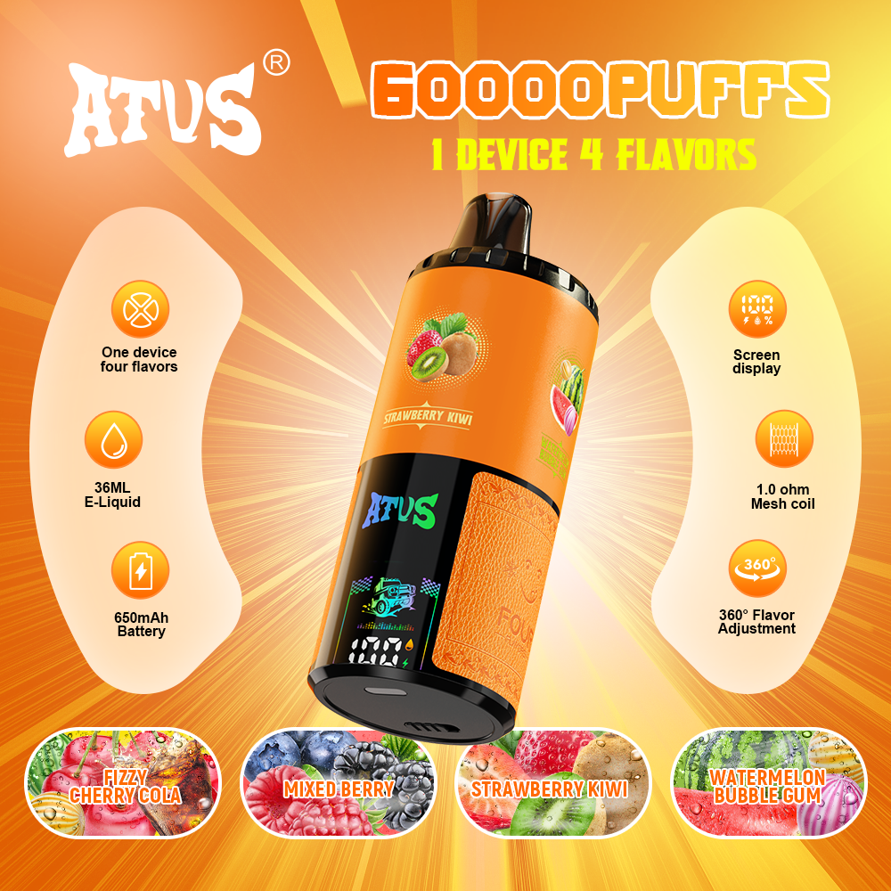 Atvs 60000 Puffs 4 in 1 Flavors Disposable Vape 60K 50K Rotating System 60ml E-Liquid Large Smoke Online Shopping Digital Screen
