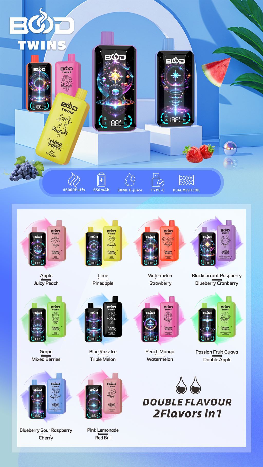 Bood Twins 46000 Puff 46K Factory EU Warehousedouble Flavor 2 in 1 Vap Solo 20K Full Screen Digital Bang 30K 40kelectronic Cigarette Disposable Vape Wholesale