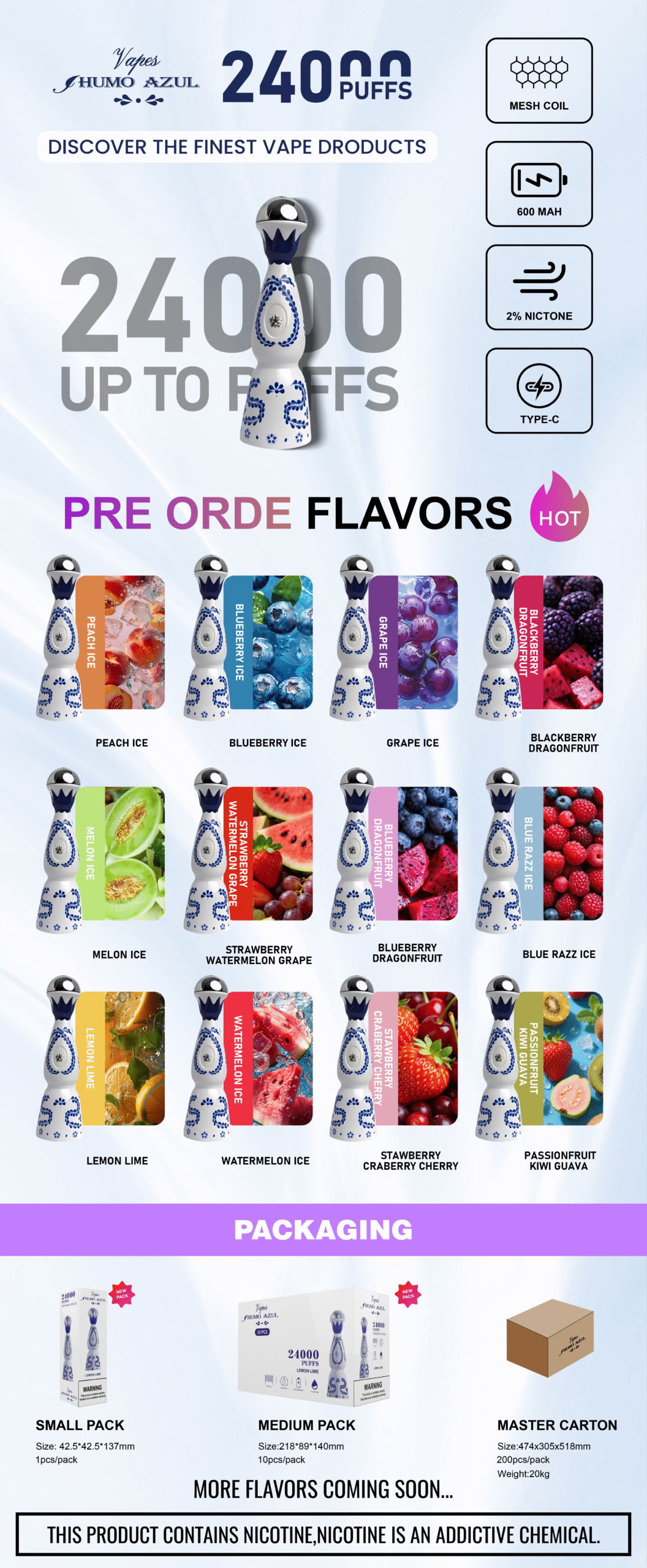 HUMO AZUL 24000 puff Tequila vape Tequila bottle packaging Puffs 2% 3% 5% Nicotine Rechargeable Disposable vapes Pod agave Puff 24k Tequila puff