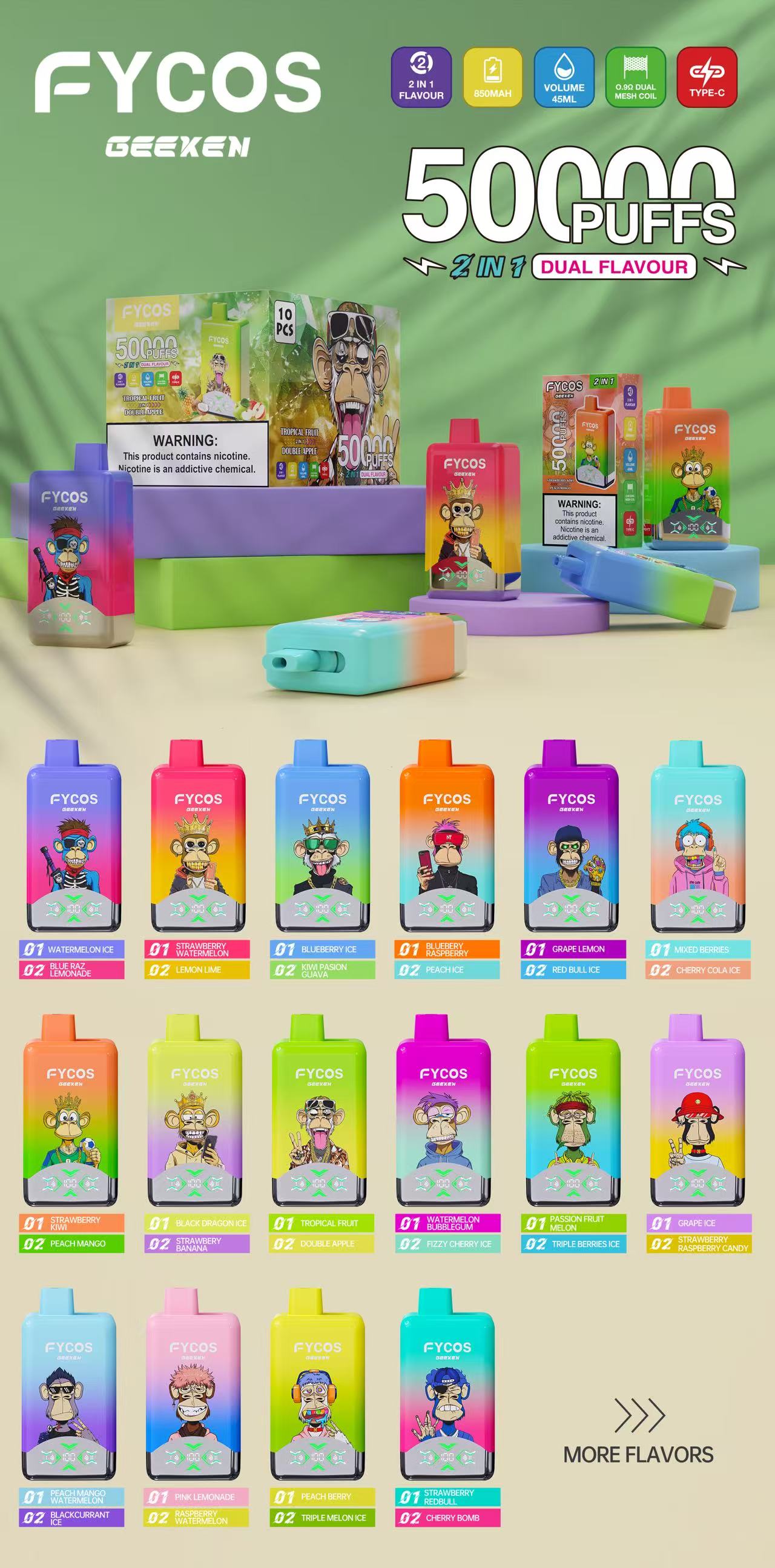 Original Factory Price High Quality Vape Fycos Dual Flavors 50000 Puffs The Best Flavors Double Flavors Vapes 2% 5%