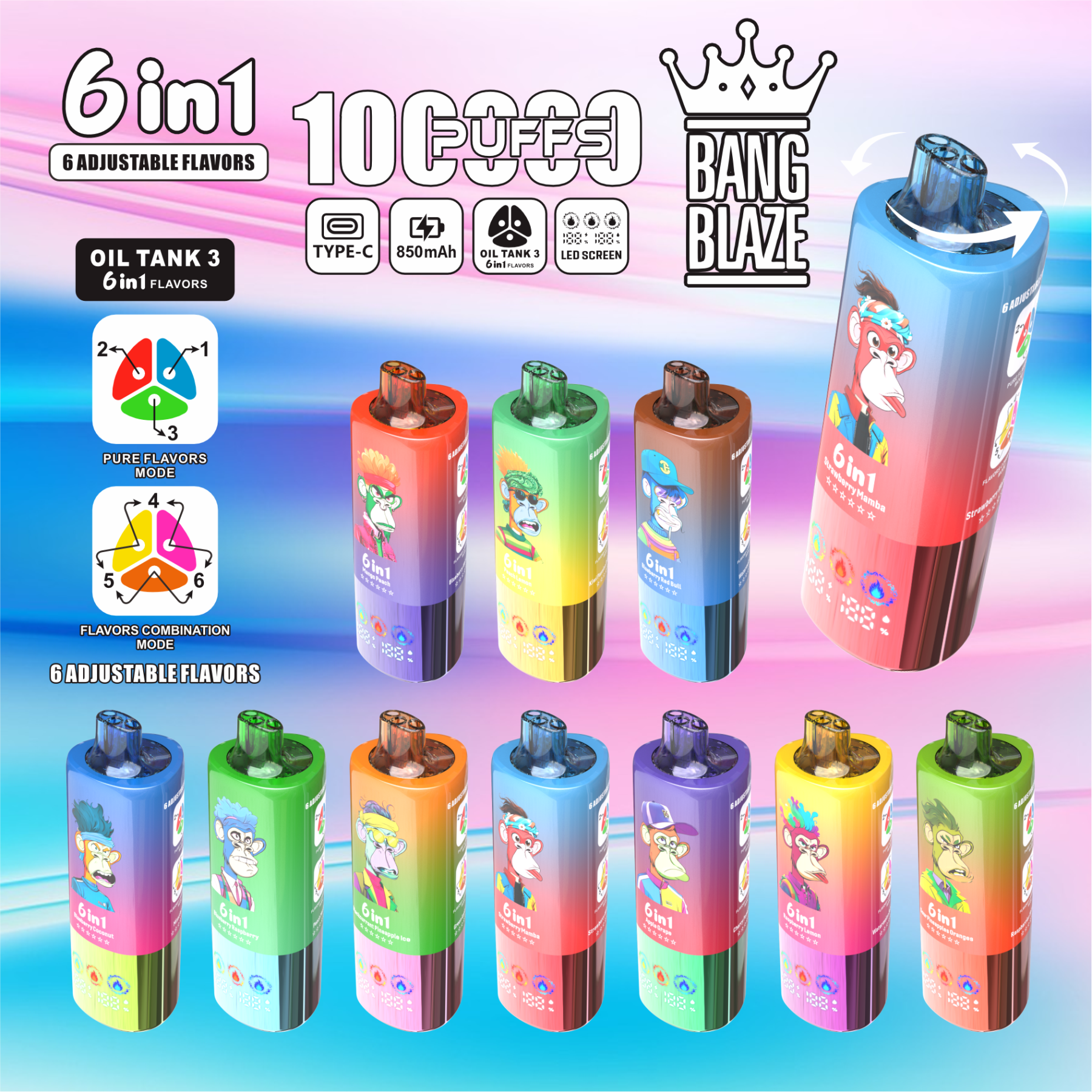 Bangblaze 100K Puffs Vaper Crown Bar 10000 Puff Disposable Electronic Cigarette Vape 100K Puff Rechargeable Disposable Vape Eectronic Gadget 