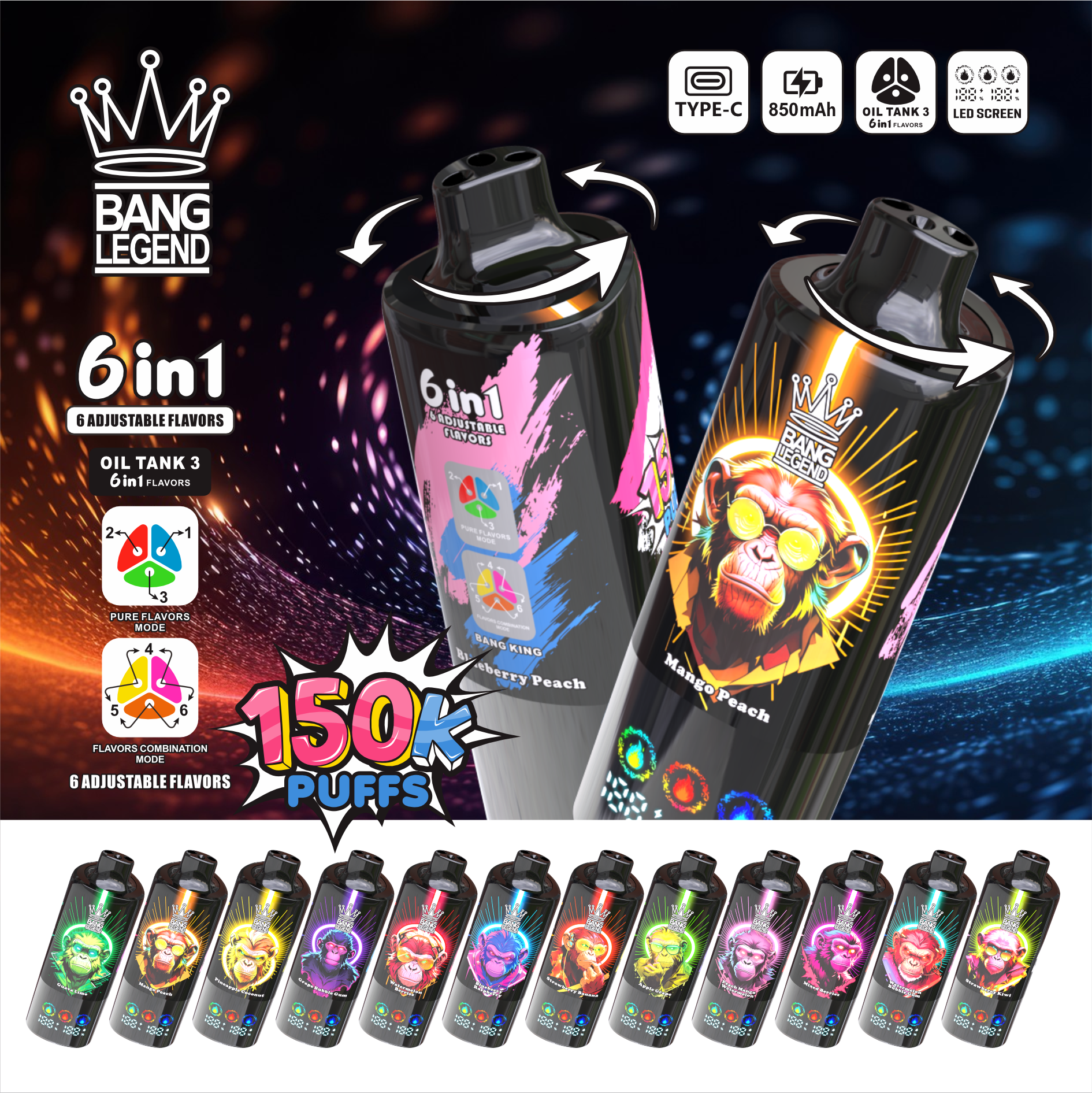 Bang 150000 Puffs Disposable Vape Pen 850mAh High-Capacity Battery 3 Oil Tanks 6 Flavors Dual Modes Spain Factory Direct Seeking Agents