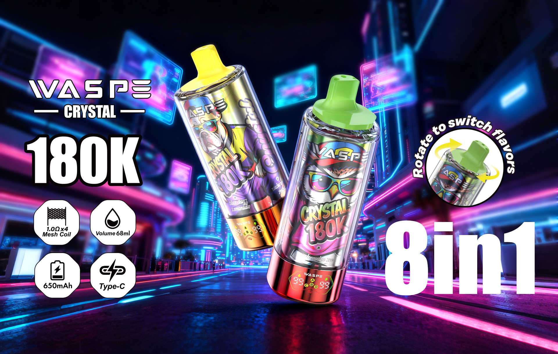 Wholesale I Vape Waspe Crystal 180000 150000 100000 60000 Puffs 8in1 Vaper Triple Flavors LED Display Disposable E-Cigarette 40K 60K 100K 150K 180K Puff