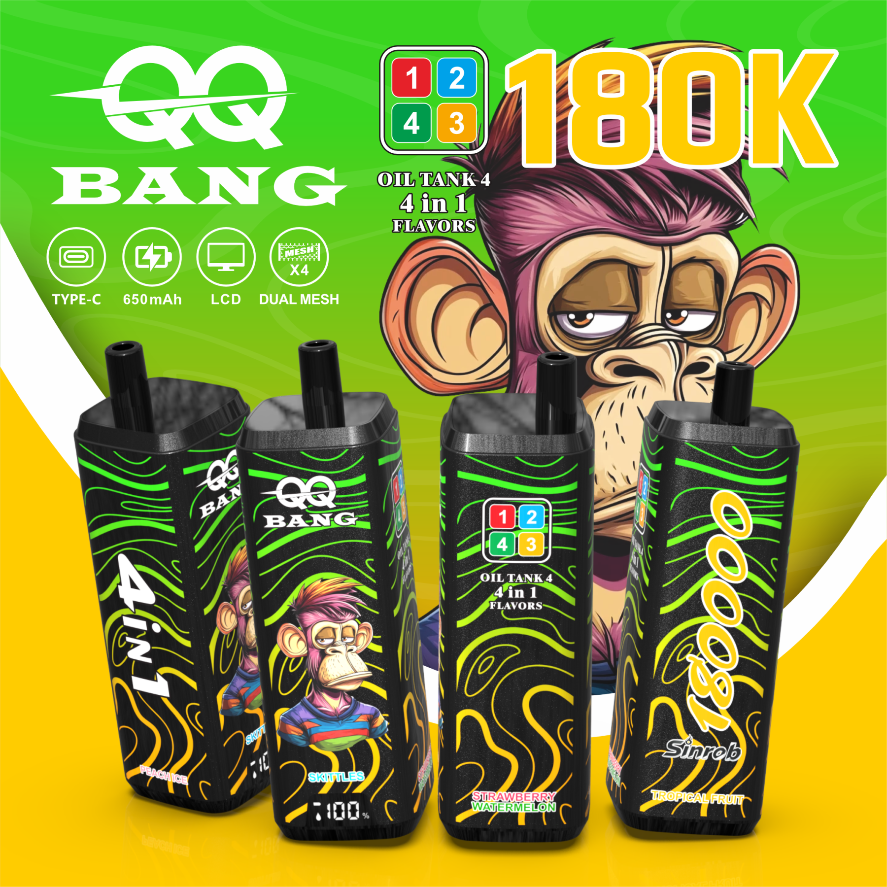 QQ Bang 180000 Puff 12 Flavors 4 in 1 Electronic Cigarette Disposable Vape Pod Disposable Vape Best Vape Disposable Vape 200K 300K Bang Ecigs Spain Germany