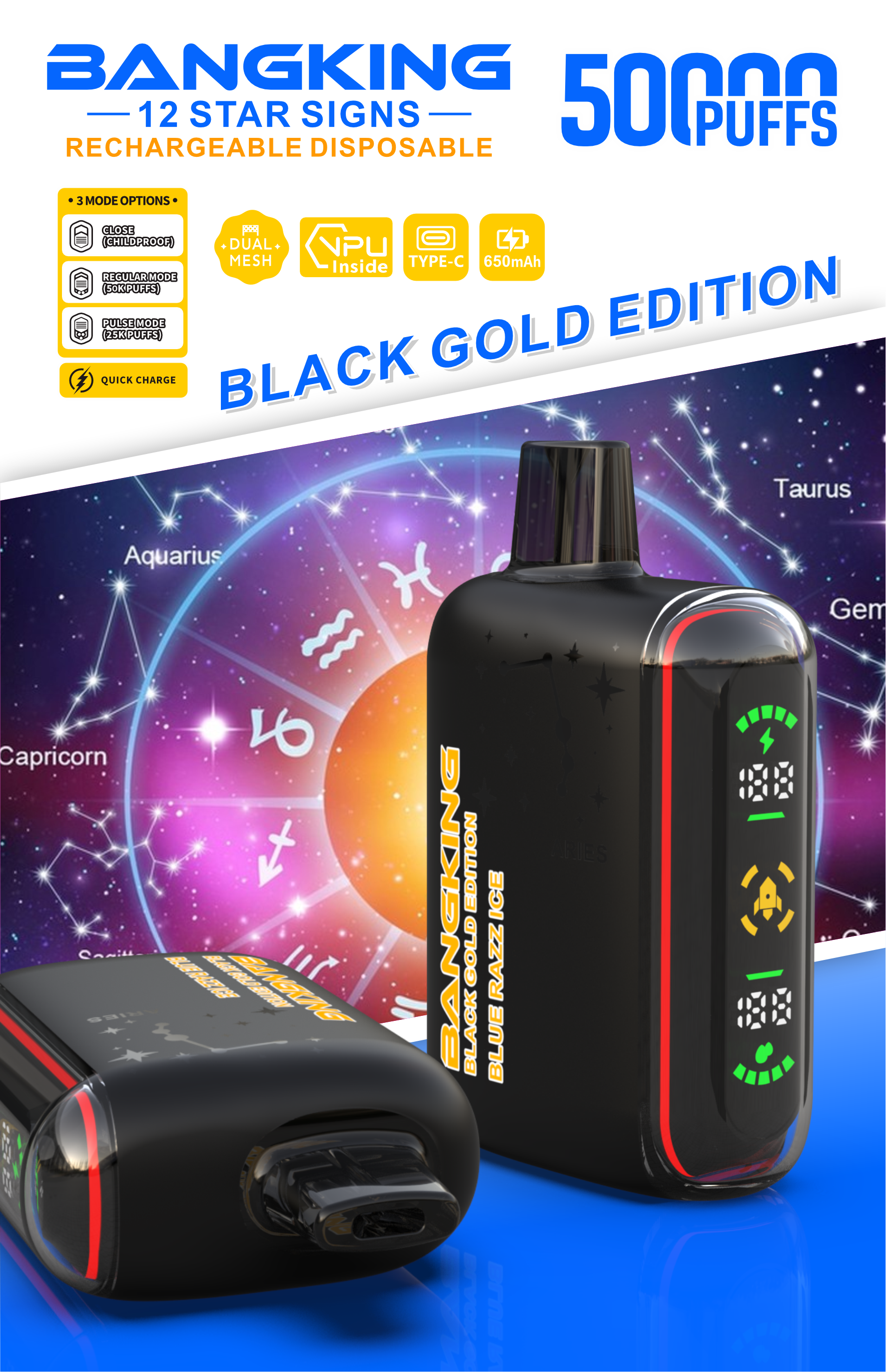  Bang King 50000 Puffs Black Gold Edition Bang Vape 50K 100K 300K Puffs Disposable E-Cigarette Desechables