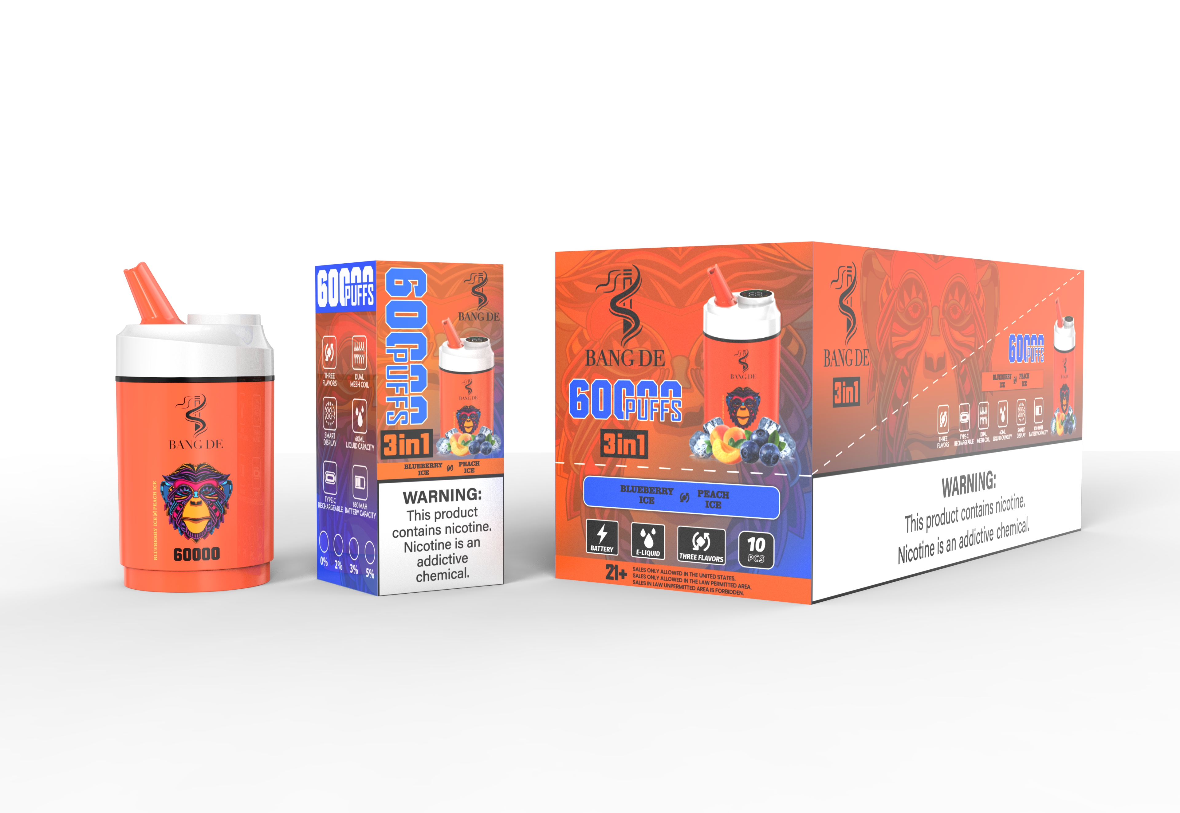 Bang De 60000 Puffs Triple Flavors Vape 30K 40K 45K 50K 60K Puff Disposable Electronic Cigarette