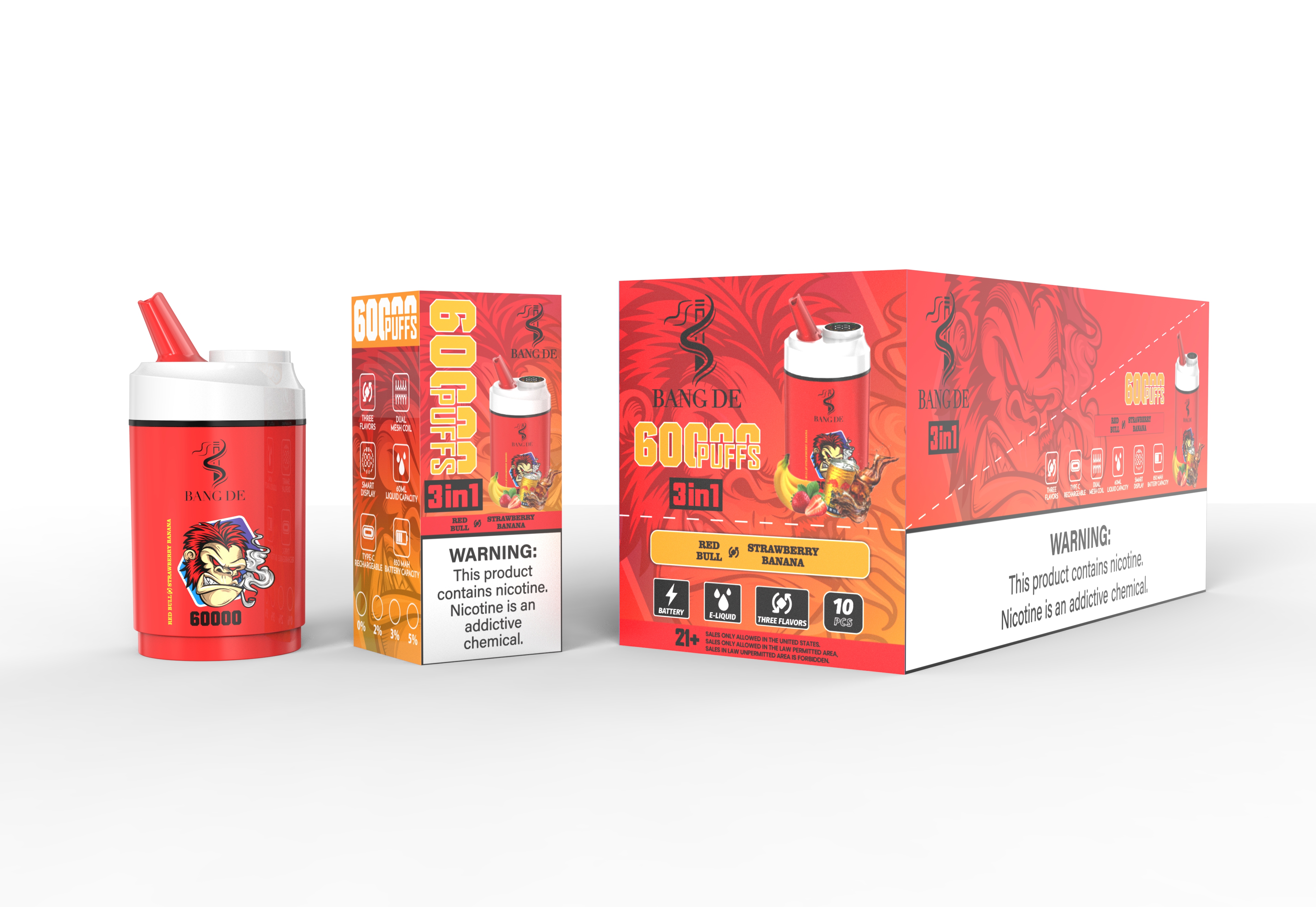 Bang De 60000 Puffs Triple Flavors Vape 30K 40K 45K 50K 60K Puff Disposable Electronic Cigarette